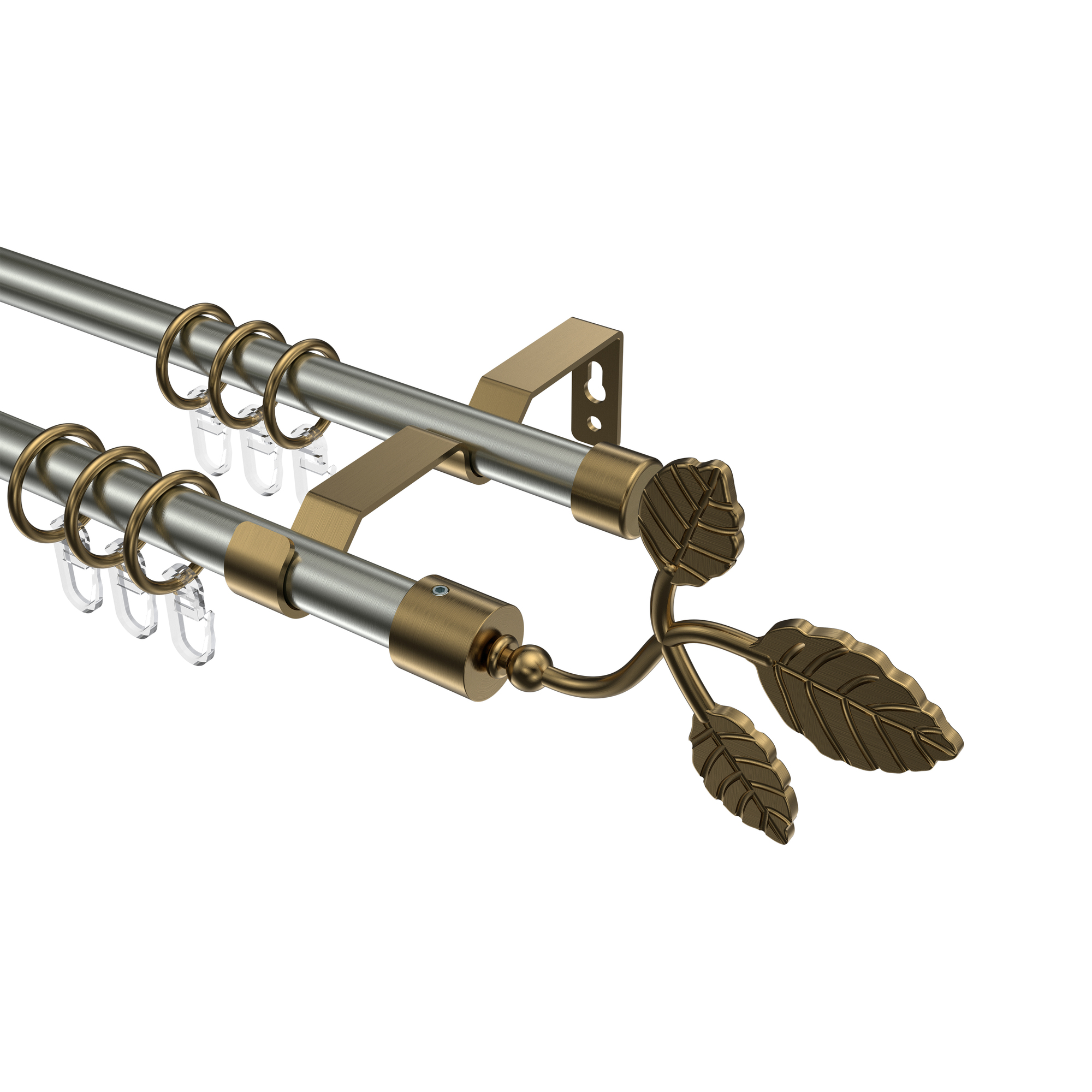 Gardinenstange Edelstahl-Optik / Messing Antik, Metall 16 mm Ø Olymp Alessia, doppelläufig Gardinenstange Edelstahl-Optik / Messing Antik, Metall 16 mm Ø Olymp Alessia, doppelläufig