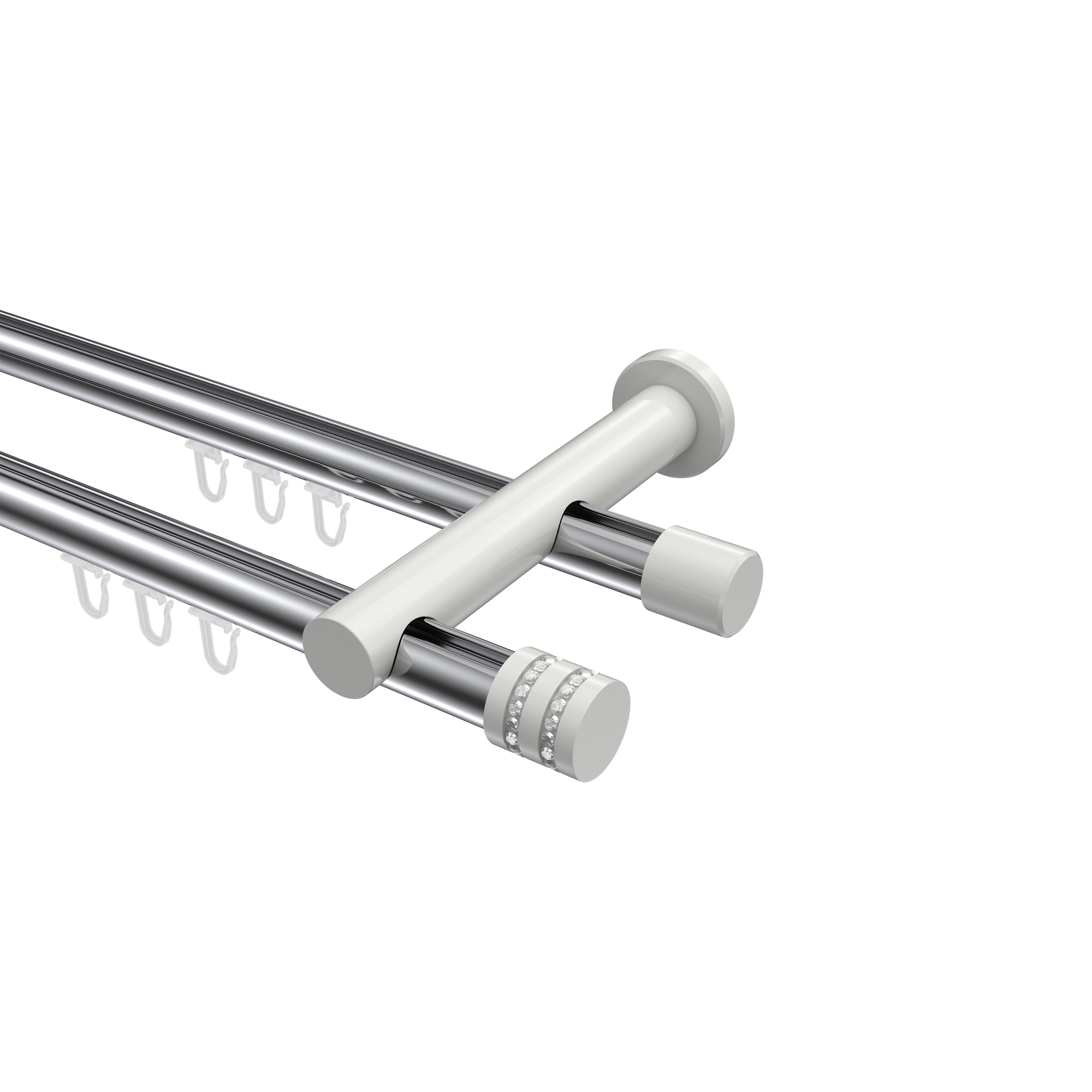 Innenlauf-Gardinenstangen Chrom / Weiß, Metall 20 mm Ø Platon Estana, zweiläufig Innenlauf-Gardinenstangen Chrom / Weiß, Metall 20 mm Ø Platon Estana, zweiläufig
