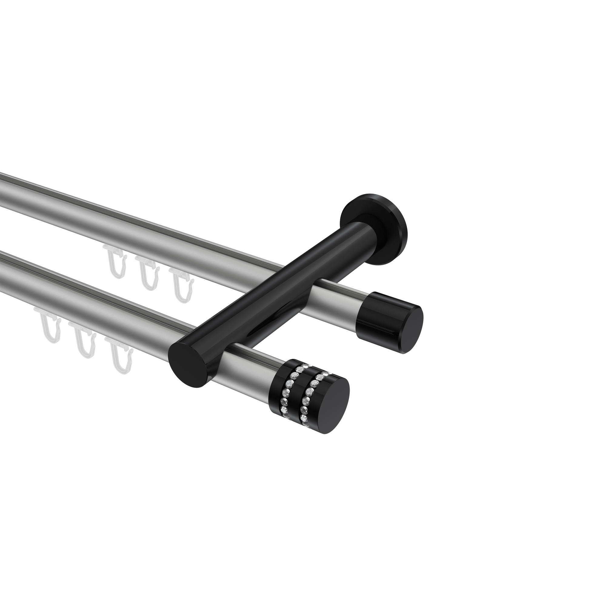 Innenlauf-Gardinenstange Silbergrau / Schwarz, Metall 20 mm Ø Platon Estana, doppelläufig Innenlauf-Gardinenstange Silbergrau / Schwarz, Metall 20 mm Ø Platon Estana, doppelläufig