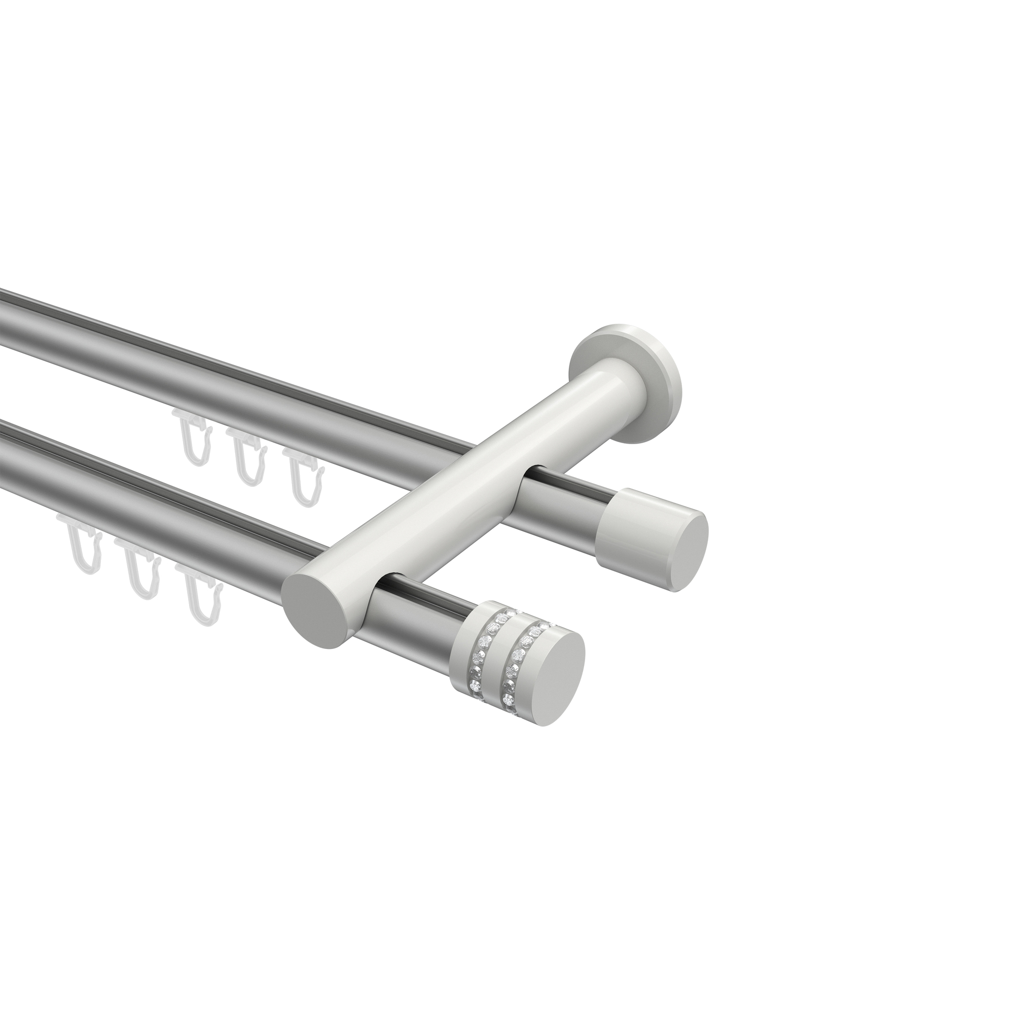 Innenlauf-Gardinenstange Silbergrau / Weiß, Metall 20 mm Ø Platon Estana, zweiläufig Innenlauf-Gardinenstange Silbergrau / Weiß, Metall 20 mm Ø Platon Estana, zweiläufig