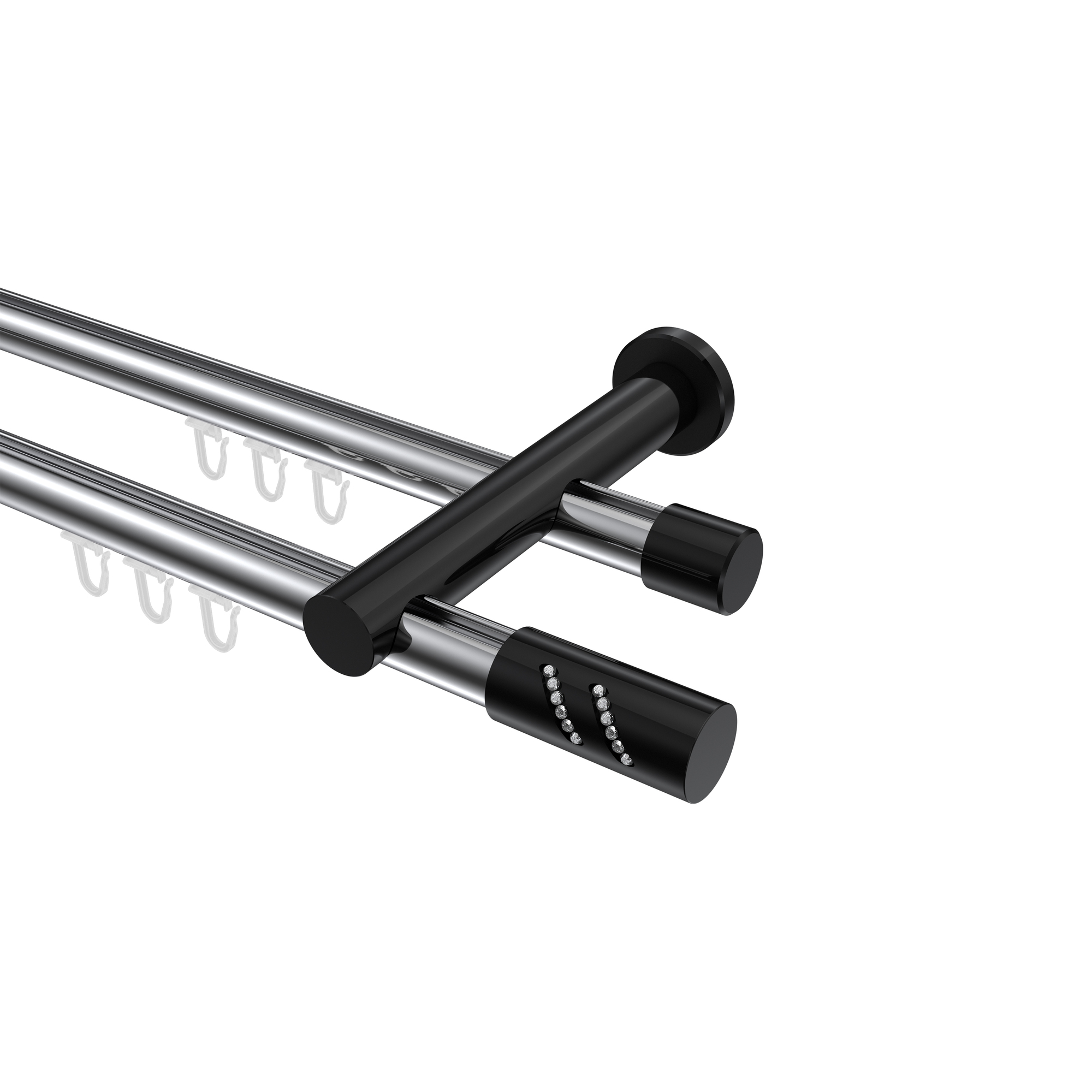 Innenlauf-Gardinenstangen Chrom / Schwarz, Metall 20 mm Ø Platon Zoena, doppelläufig Innenlauf-Gardinenstangen Chrom / Schwarz, Metall 20 mm Ø Platon Zoena, doppelläufig
