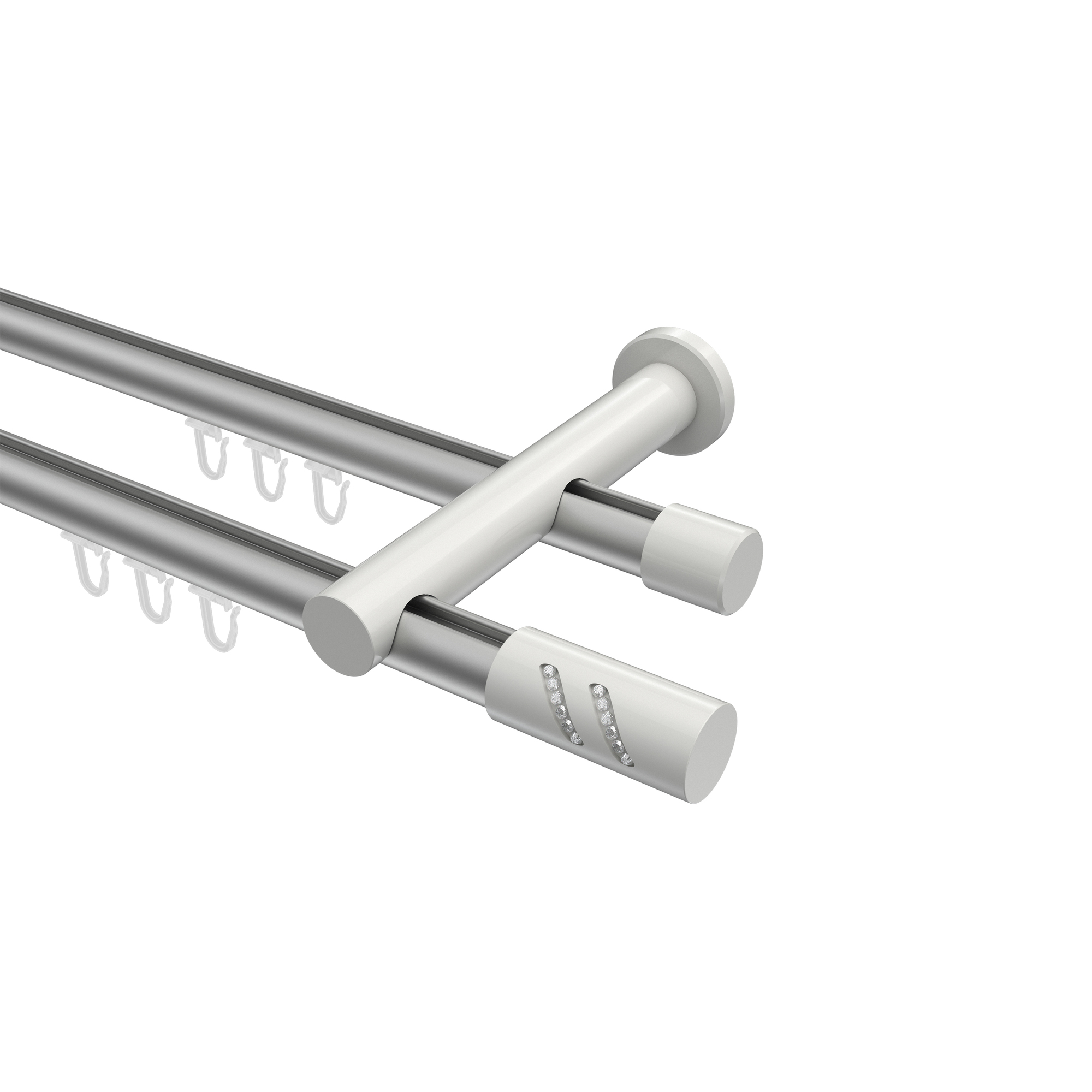 Innenlauf-Gardinenstangen Silbergrau / Weiß, Metall 20 mm Ø Platon Zoena, 2-läufig Innenlauf-Gardinenstangen Silbergrau / Weiß, Metall 20 mm Ø Platon Zoena, 2-läufig