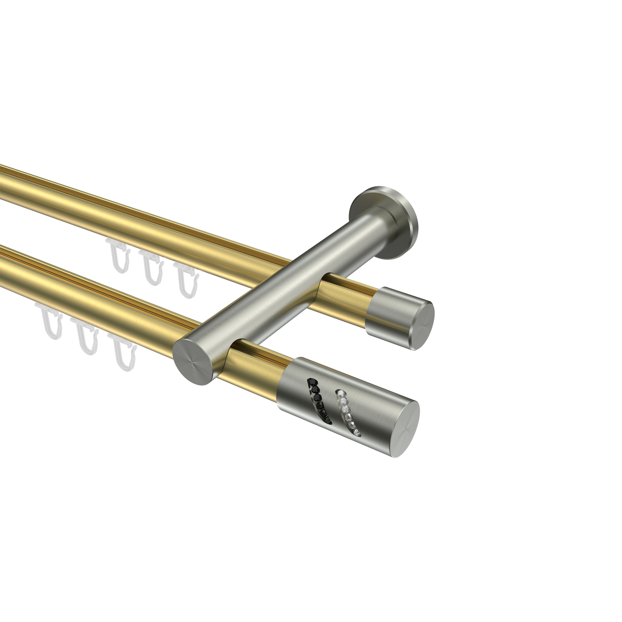 Innenlauf-Gardinenstange Messing-Optik / Edelstahl-Optik 20 mm Ø Platon Zoena, zweiläufig Innenlauf-Gardinenstange Messing-Optik / Edelstahl-Optik 20 mm Ø Platon Zoena, zweiläufig