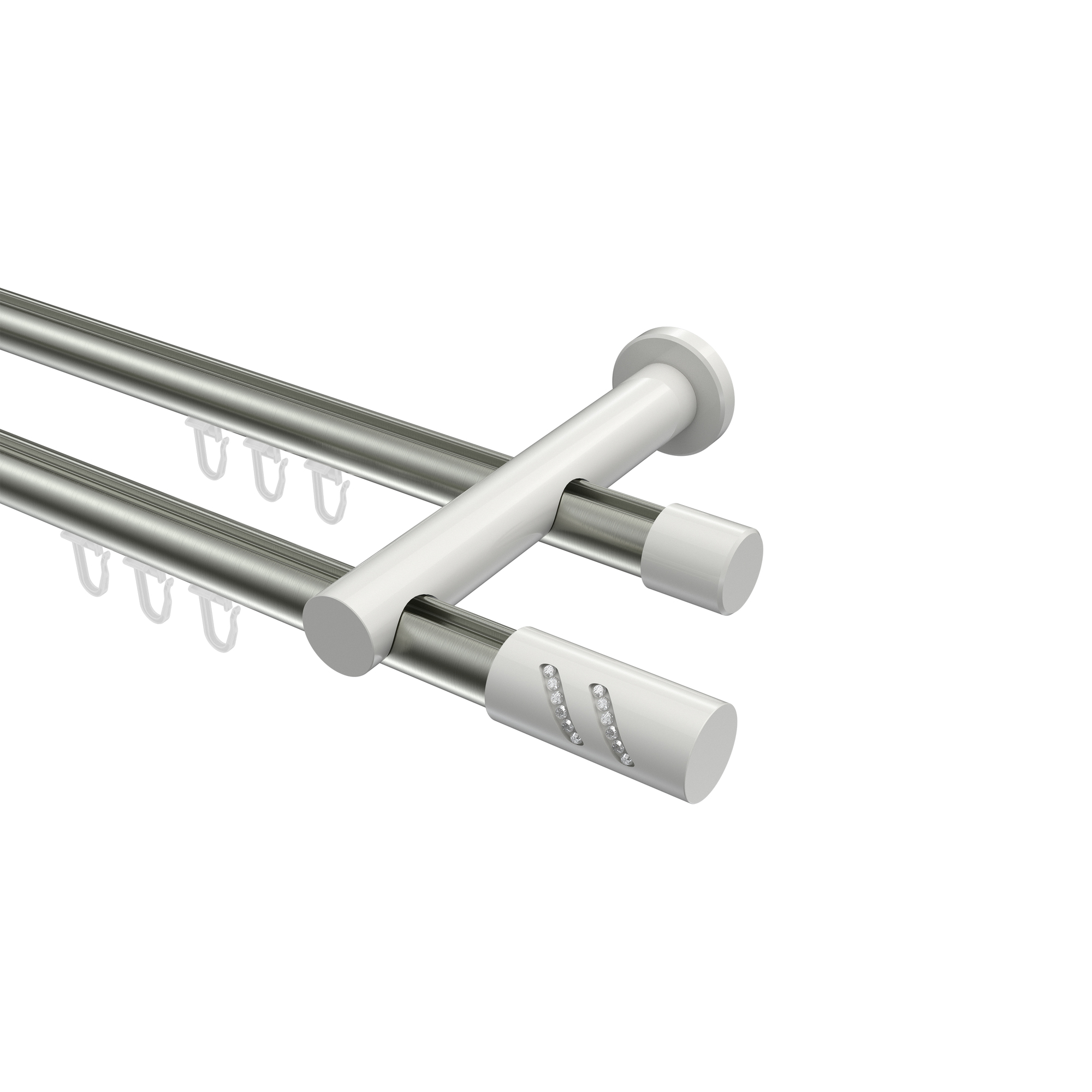 Innenlauf-Vorhangstange Edelstahl-Optik / Weiß, Metall 20 mm Ø Platon Zoena, zweiläufig Innenlauf-Vorhangstange Edelstahl-Optik / Weiß, Metall 20 mm Ø Platon Zoena, zweiläufig