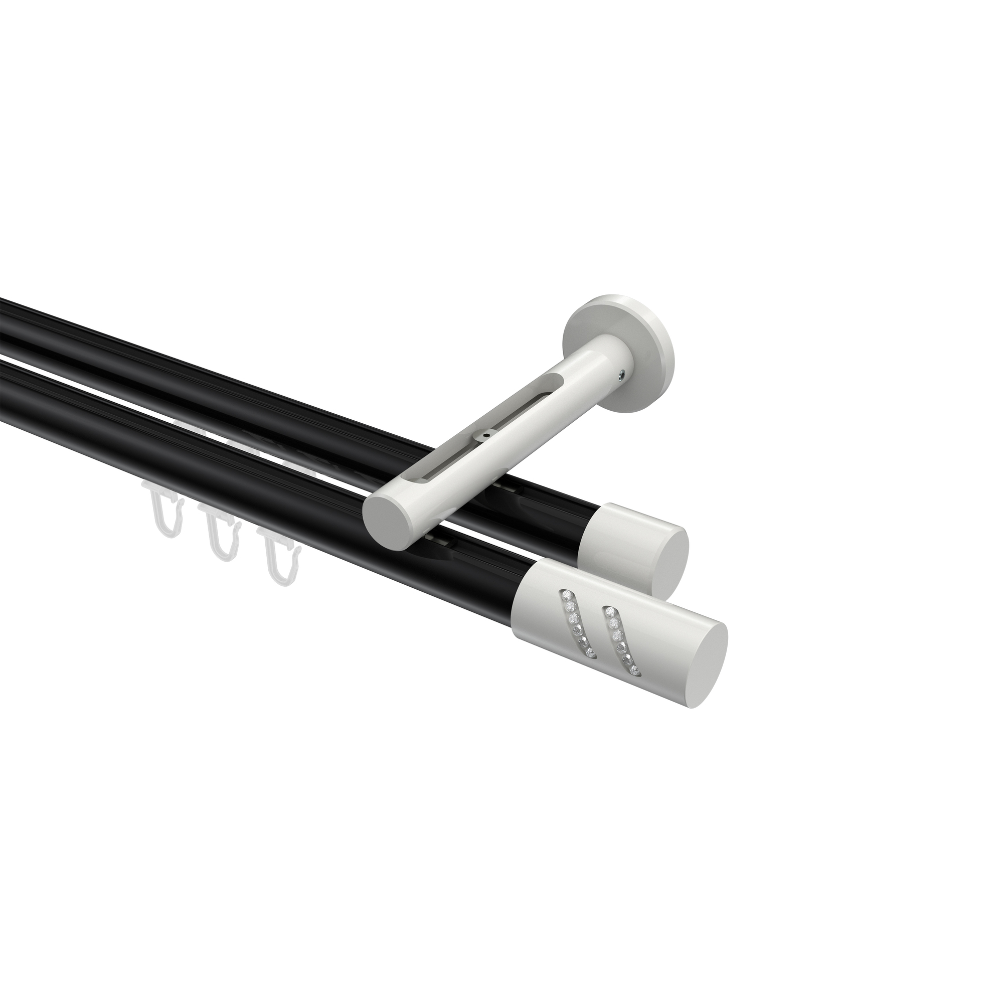 Innenlauf-Vorhangstange Schwarz / Weiß, Aluminium / Metall 20 mm Ø Siteno Zoena, zweiläufig Innenlauf-Vorhangstange Schwarz / Weiß, Aluminium / Metall 20 mm Ø Siteno Zoena, zweiläufig