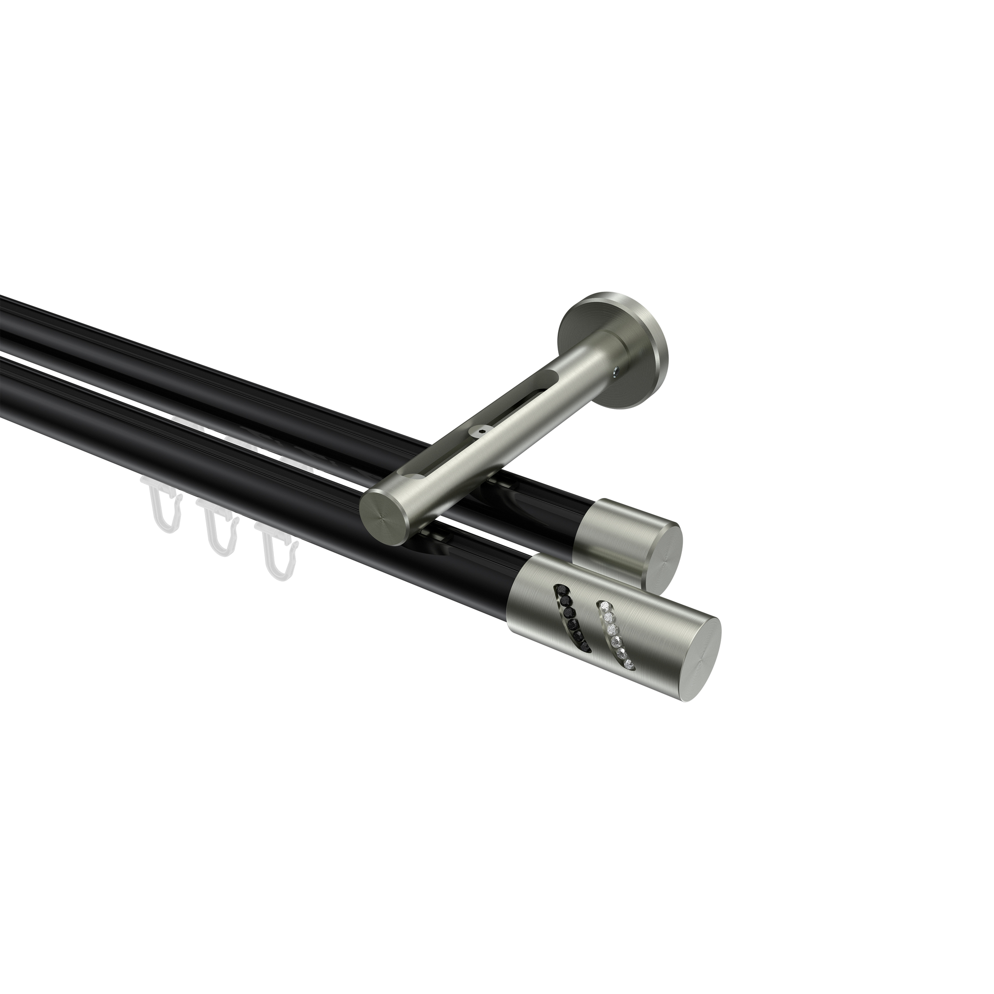 Vorhangstange mit Innenlauf Schwarz / Edelstahl-Optik, Aluminium / Metall 20 mm Ø Siteno Zoena, doppelläufig Vorhangstange mit Innenlauf Schwarz / Edelstahl-Optik, Aluminium / Metall 20 mm Ø Siteno Zoena, doppelläufig