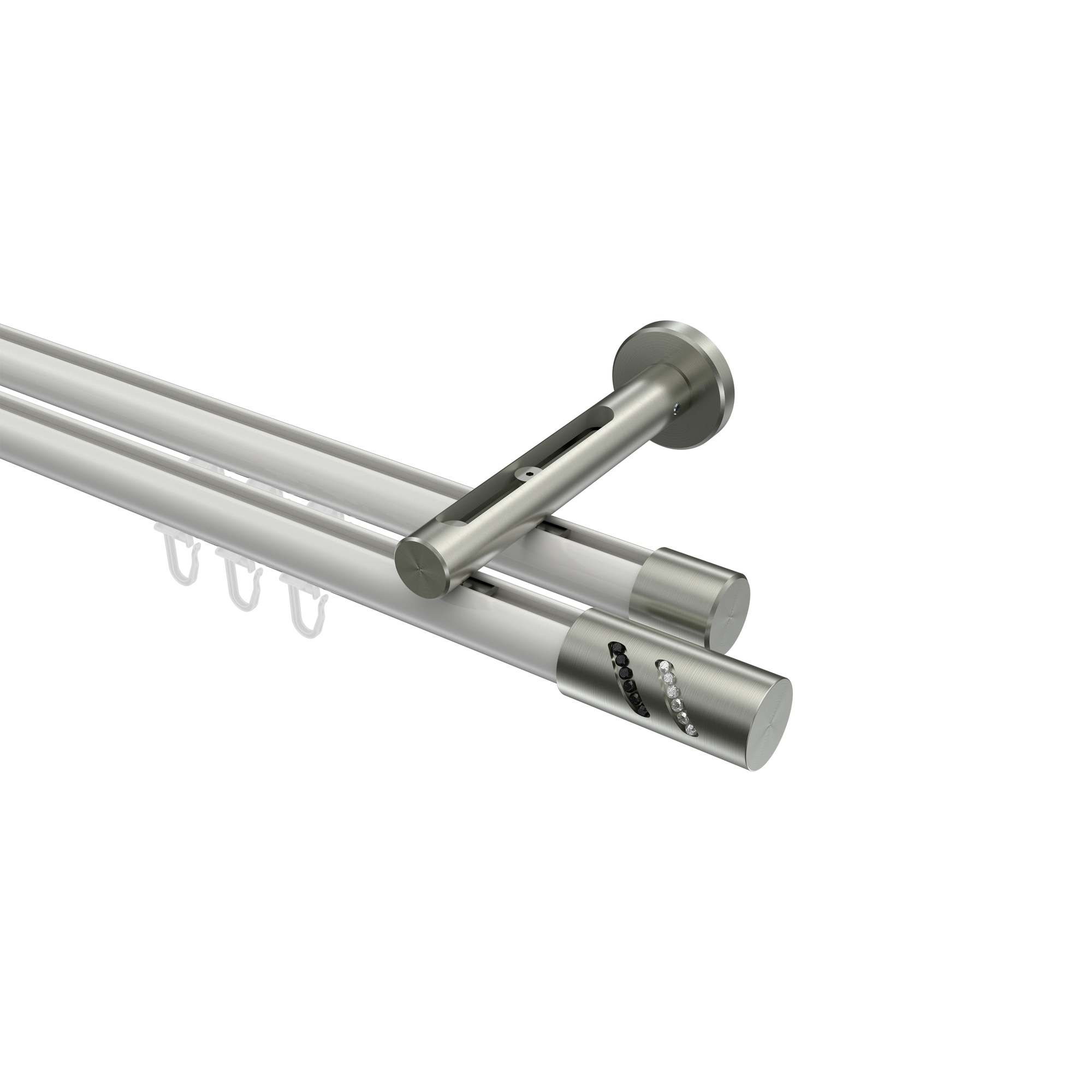 Gardinenstange mit Innenlauf Weiß / Edelstahl-Optik, Aluminium / Metall 20 mm Ø Siteno Zoena, doppelläufig Gardinenstange mit Innenlauf Weiß / Edelstahl-Optik, Aluminium / Metall 20 mm Ø Siteno Zoena, doppelläufig