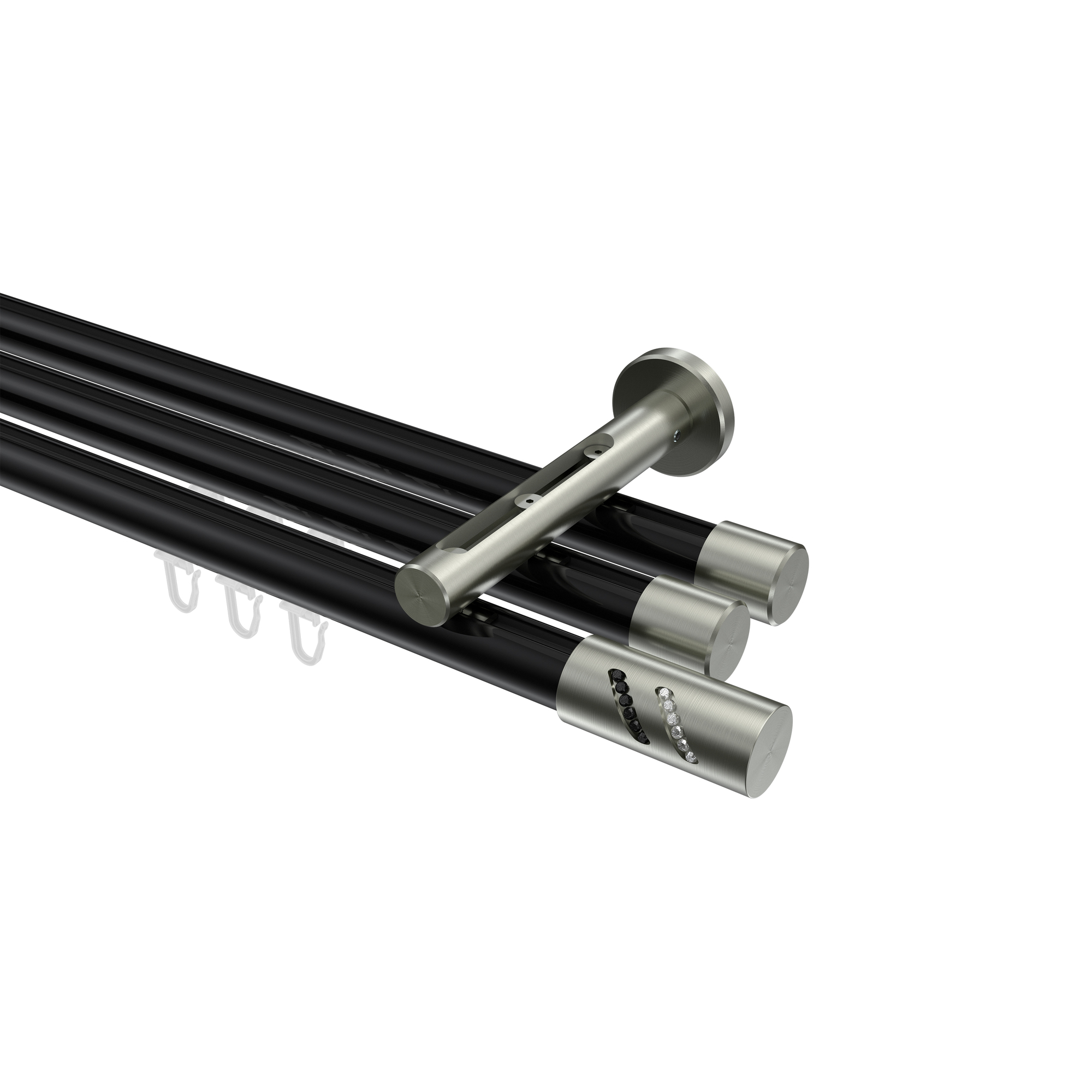 Vorhangstange mit Innenlauf Schwarz / Edelstahl-Optik, Aluminium / Metall 20 mm Ø Siteno Zoena, dreiläufig Vorhangstange mit Innenlauf Schwarz / Edelstahl-Optik, Aluminium / Metall 20 mm Ø Siteno Zoena, dreiläufig