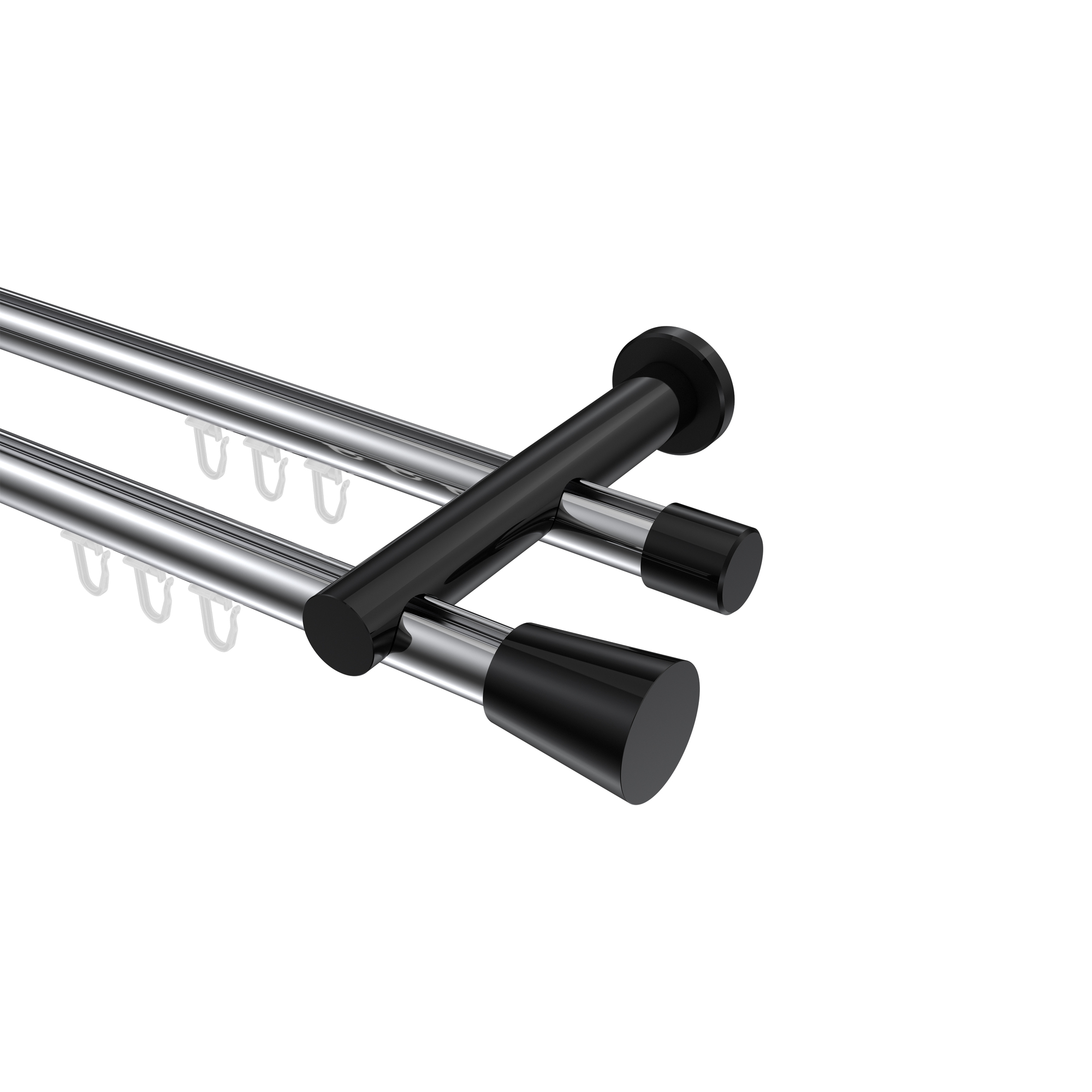 Innenlauf-Vorhangstange Chrom / Schwarz, Metall 20 mm Ø Platon Sitra, zweiläufig Innenlauf-Vorhangstange Chrom / Schwarz, Metall 20 mm Ø Platon Sitra, zweiläufig