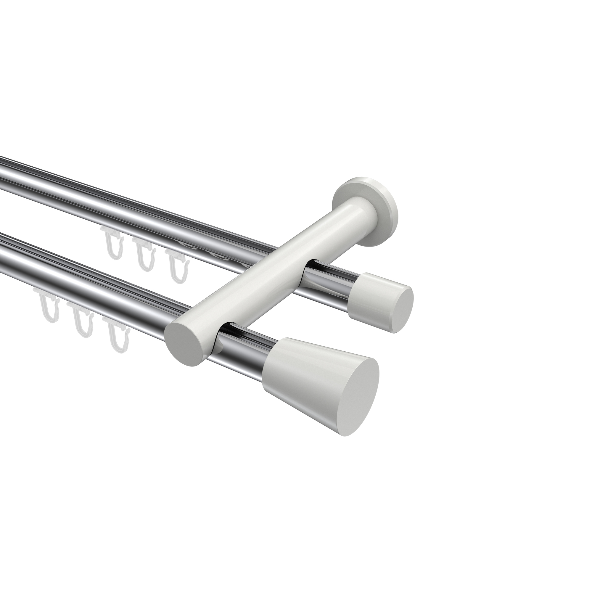Innenlauf-Gardinenstange Chrom / Weiß, Metall 20 mm Ø Platon Sitra, zweiläufig Innenlauf-Gardinenstange Chrom / Weiß, Metall 20 mm Ø Platon Sitra, zweiläufig