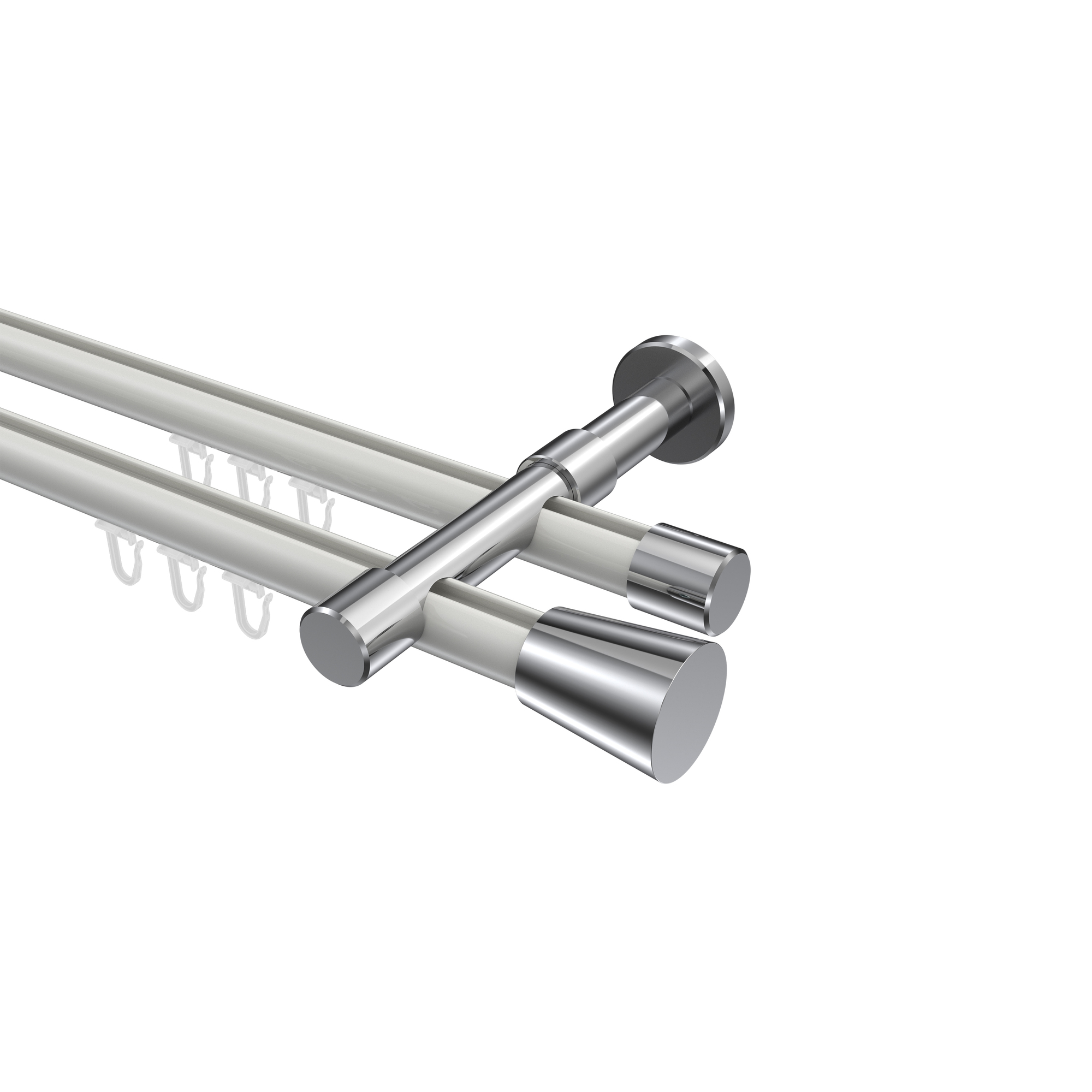 Innenlauf-Vorhangstange Weiß / Chrom, Metall 20 mm Ø Prestige Sitra, zweiläufig Innenlauf-Vorhangstange Weiß / Chrom, Metall 20 mm Ø Prestige Sitra, zweiläufig