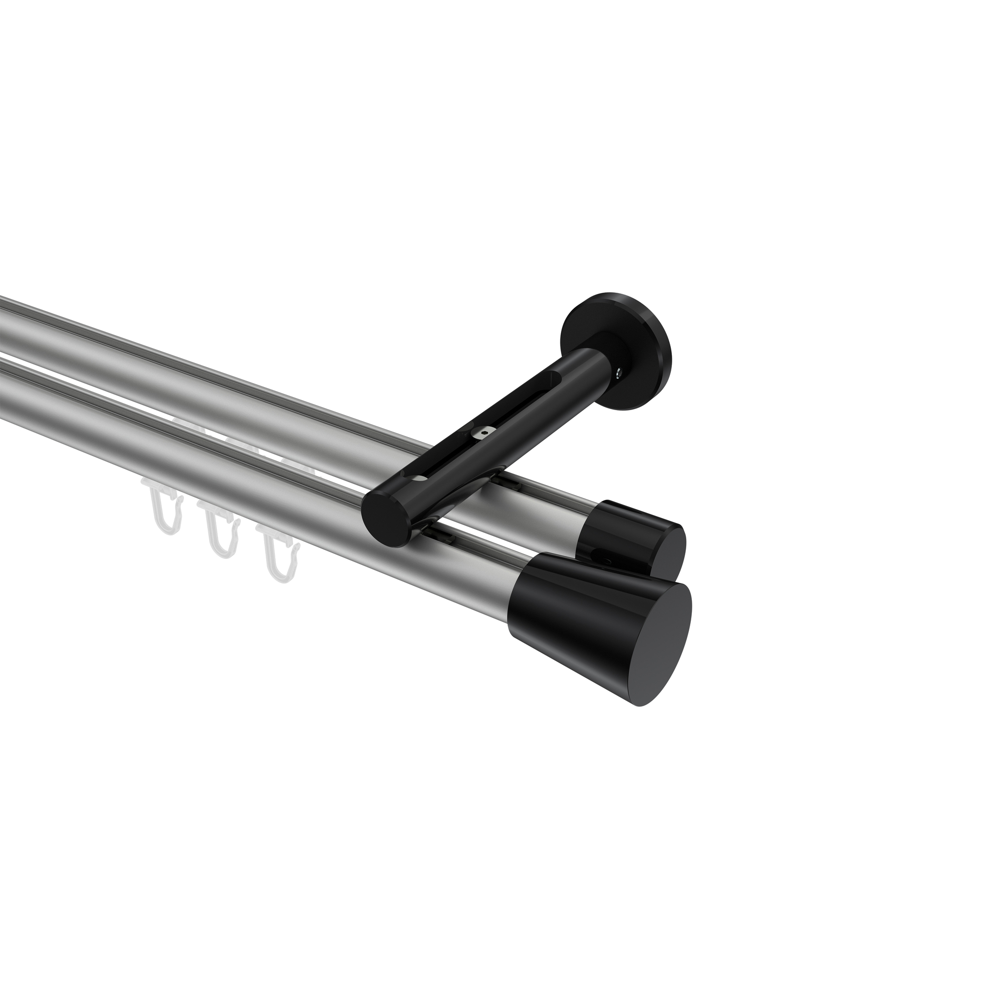 Innenlauf-Vorhangstange Silbergrau / Schwarz, Aluminium / Metall 20 mm Ø Siteno Sitra, zweiläufig Innenlauf-Vorhangstange Silbergrau / Schwarz, Aluminium / Metall 20 mm Ø Siteno Sitra, zweiläufig