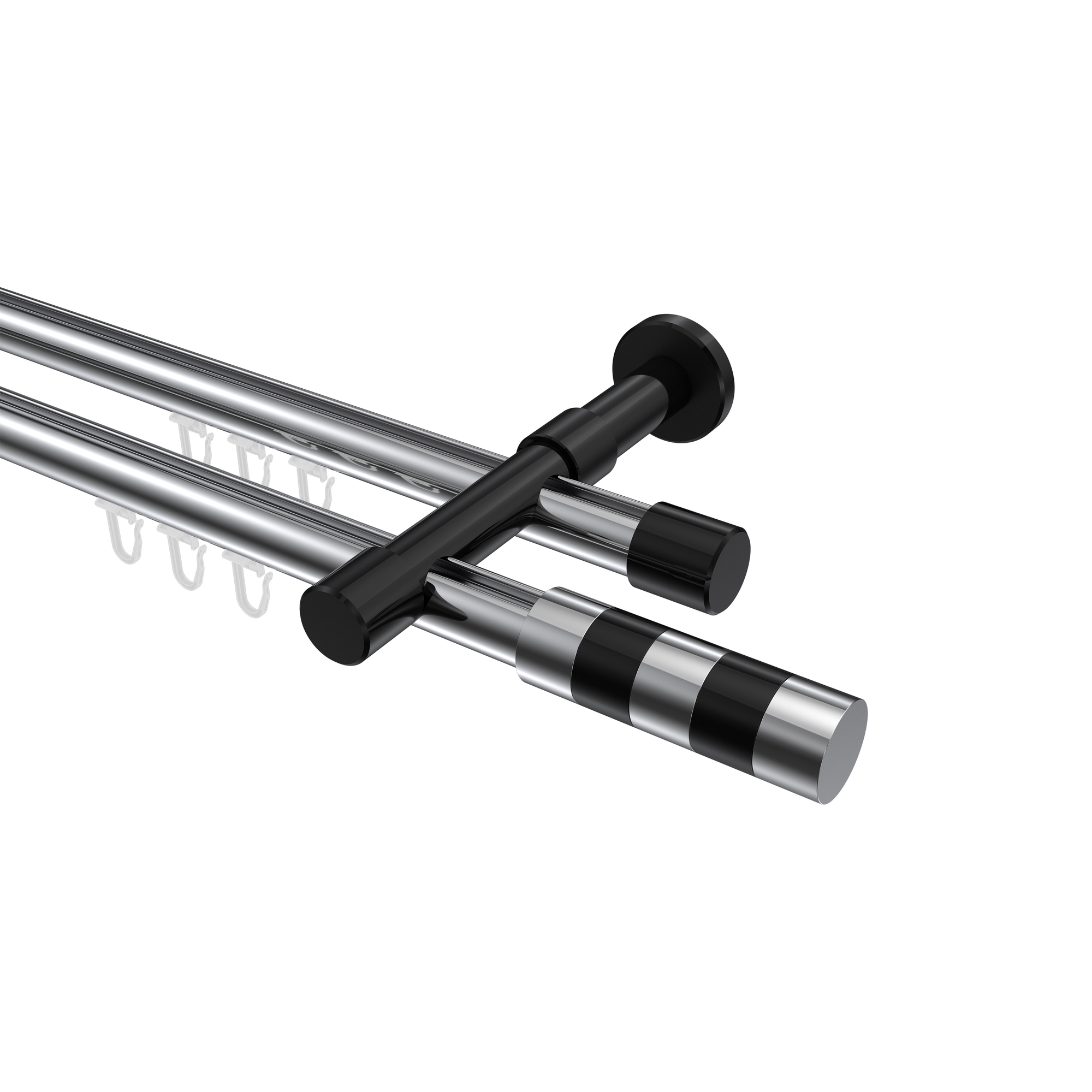 Innenlauf-Vorhangstangen Chrom / Schwarz, Aluminium / Metall 20 mm Ø Prestige Mavell, doppelläufig Innenlauf-Vorhangstangen Chrom / Schwarz, Aluminium / Metall 20 mm Ø Prestige Mavell, doppelläufig