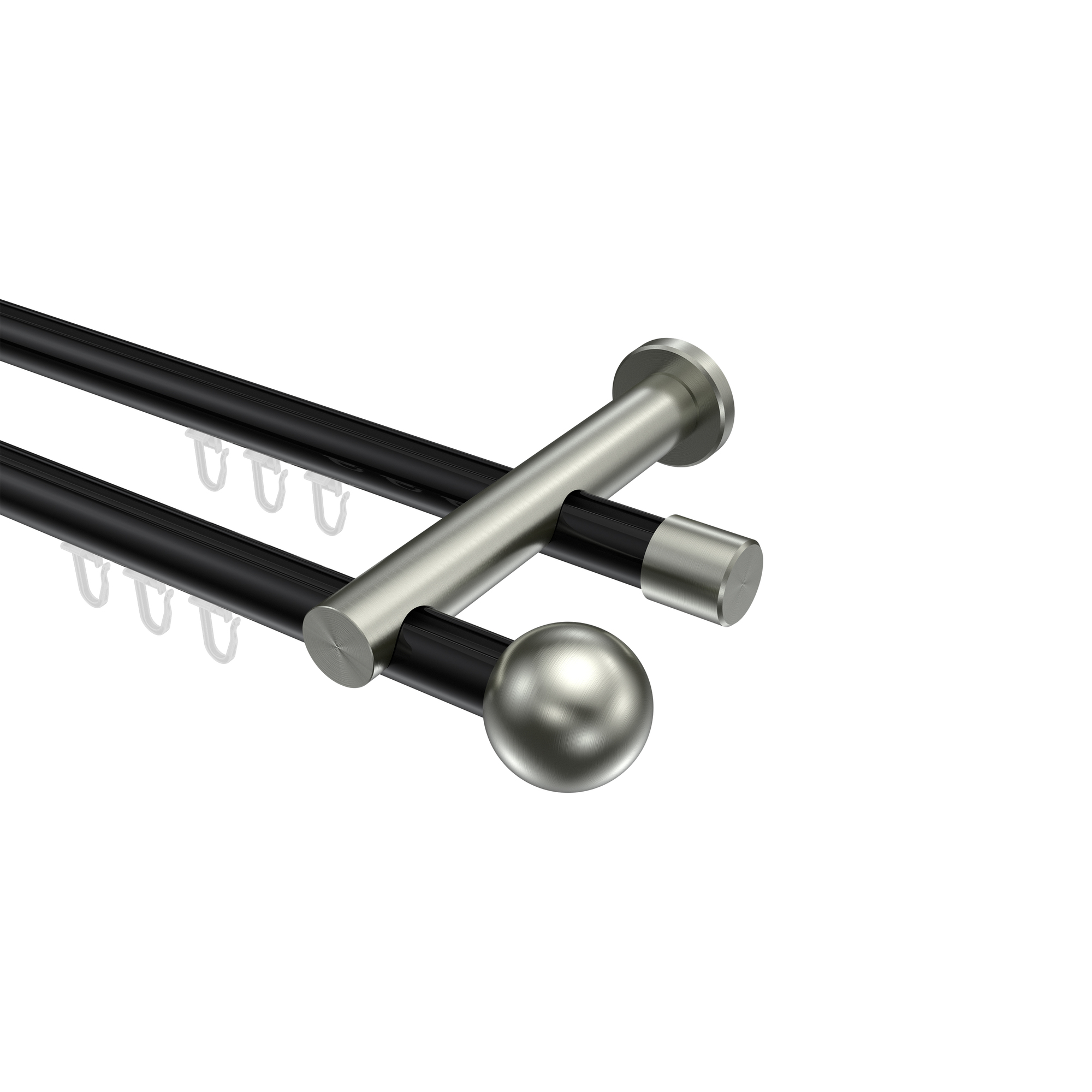 Innenlauf-Vorhangstangen Schwarz / Edelstahl-Optik, Metall 20 mm Ø Platon Luino, 2-läufig Innenlauf-Vorhangstangen Schwarz / Edelstahl-Optik, Metall 20 mm Ø Platon Luino, 2-läufig