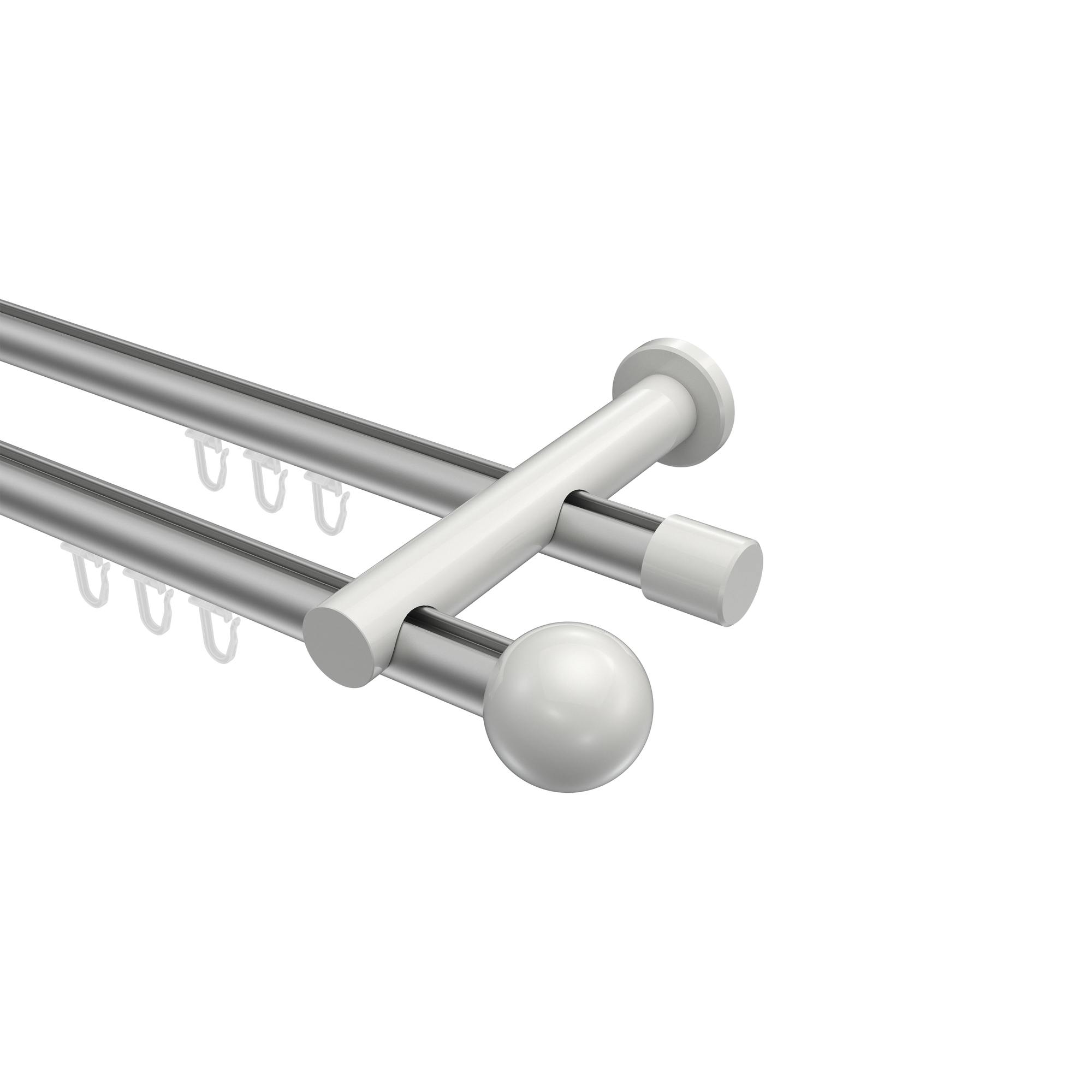 Innenlauf-Vorhangstange Silbergrau / Weiß, Metall 20 mm Ø Platon Luino, doppelläufig Innenlauf-Vorhangstange Silbergrau / Weiß, Metall 20 mm Ø Platon Luino, doppelläufig