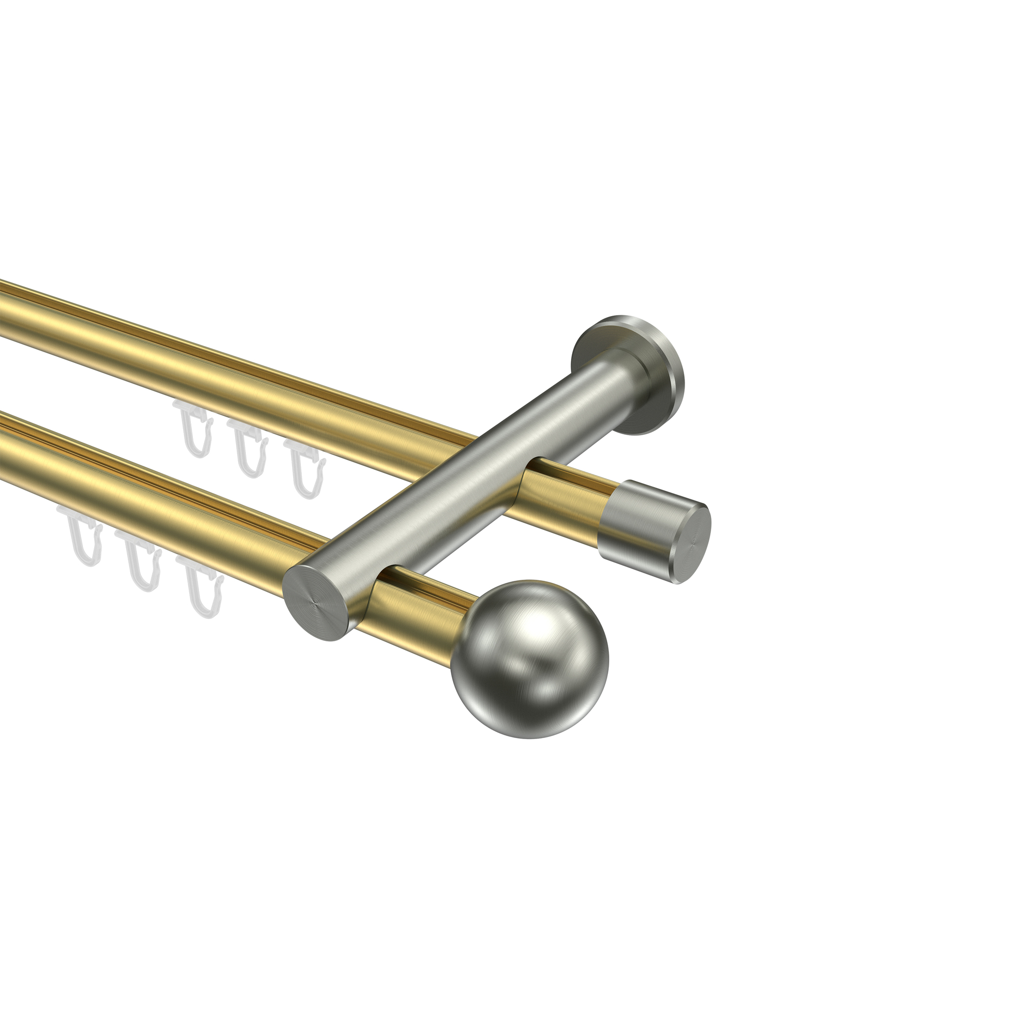 Innenlauf-Gardinenstangen Messing-Optik / Edelstahl-Optik 20 mm Ø Platon Luino, 2-läufig Innenlauf-Gardinenstangen Messing-Optik / Edelstahl-Optik 20 mm Ø Platon Luino, 2-läufig