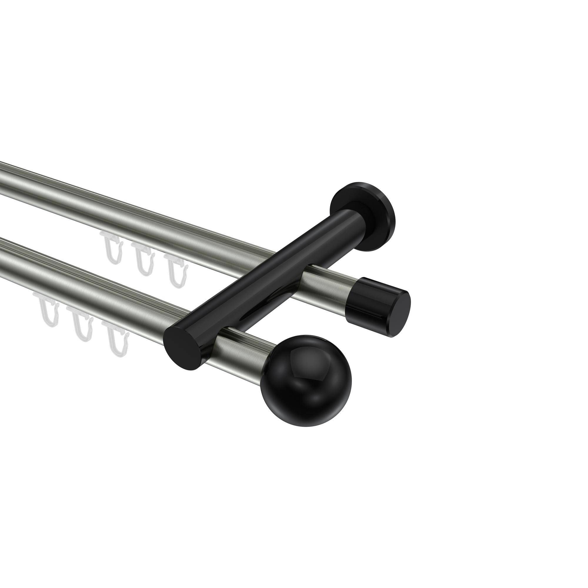 Innenlauf-Vorhangstangen Edelstahl-Optik / Schwarz, Metall 20 mm Ø Platon Luino, zweiläufig Innenlauf-Vorhangstangen Edelstahl-Optik / Schwarz, Metall 20 mm Ø Platon Luino, zweiläufig