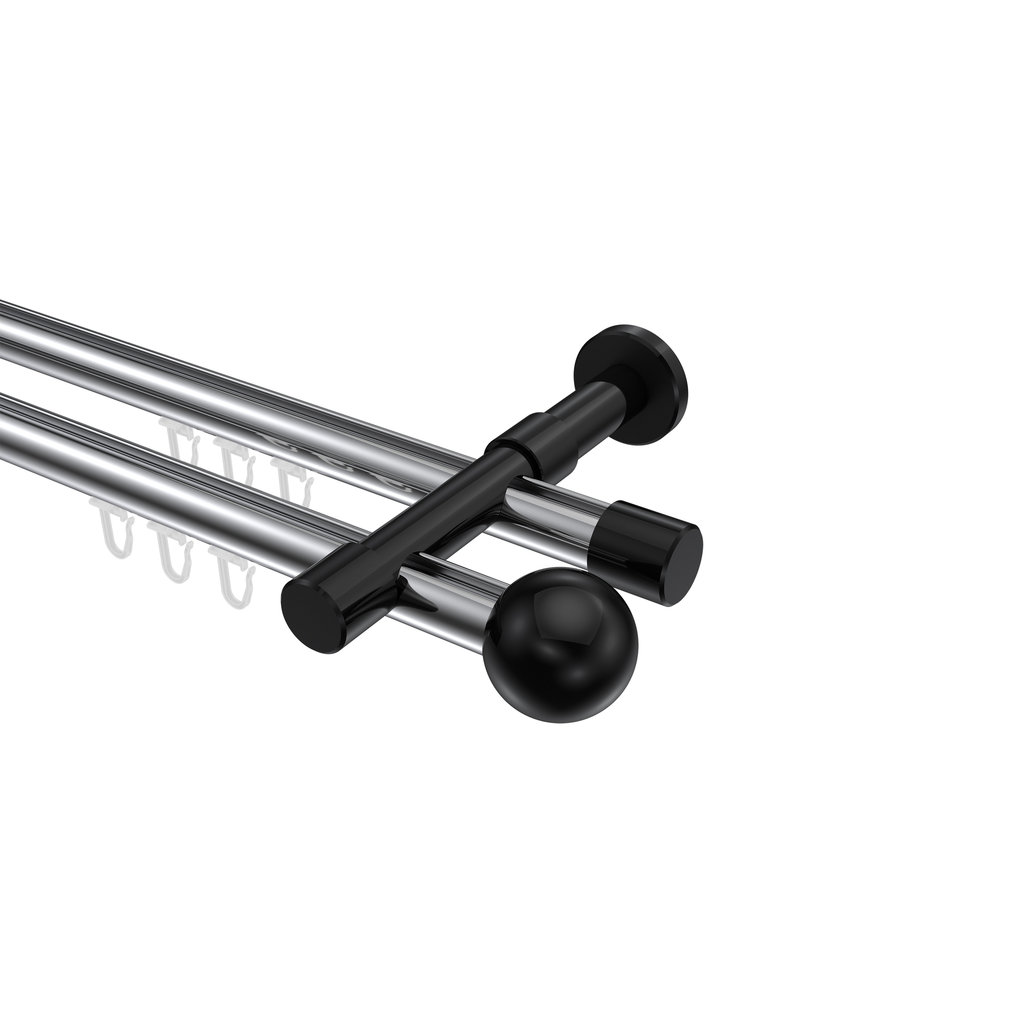 Innenlauf-Gardinenstangen Chrom / Schwarz, Metall 20 mm Ø Prestige Luino, doppelläufig Innenlauf-Gardinenstangen Chrom / Schwarz, Metall 20 mm Ø Prestige Luino, doppelläufig