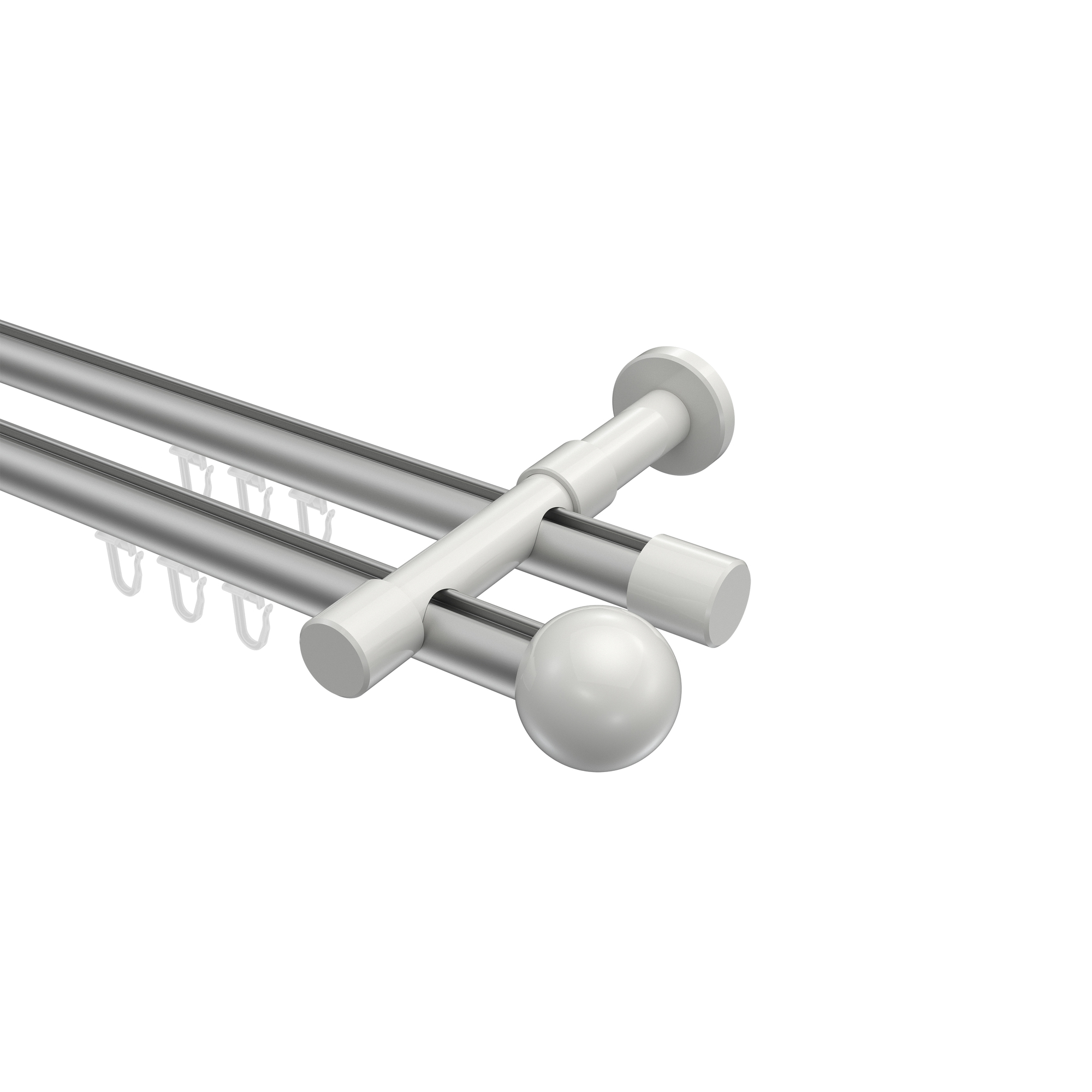 Innenlauf-Vorhangstangen Silbergrau / Weiß, Metall 20 mm Ø Prestige Luino, doppelläufig Innenlauf-Vorhangstangen Silbergrau / Weiß, Metall 20 mm Ø Prestige Luino, doppelläufig