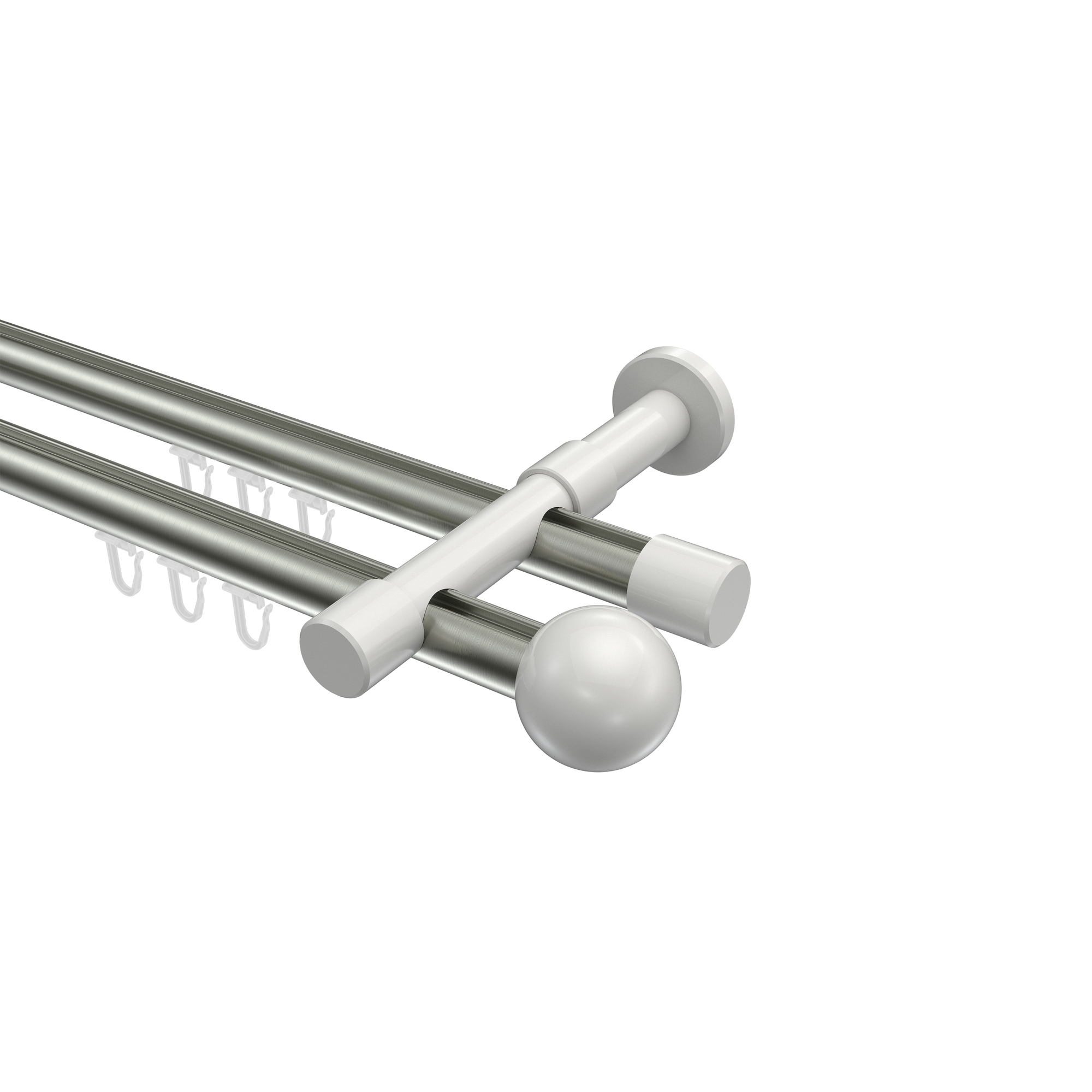 Innenlauf-Gardinenstange Edelstahl-Optik / Weiß, Metall 20 mm Ø Prestige Luino, 2-läufig Innenlauf-Gardinenstange Edelstahl-Optik / Weiß, Metall 20 mm Ø Prestige Luino, 2-läufig