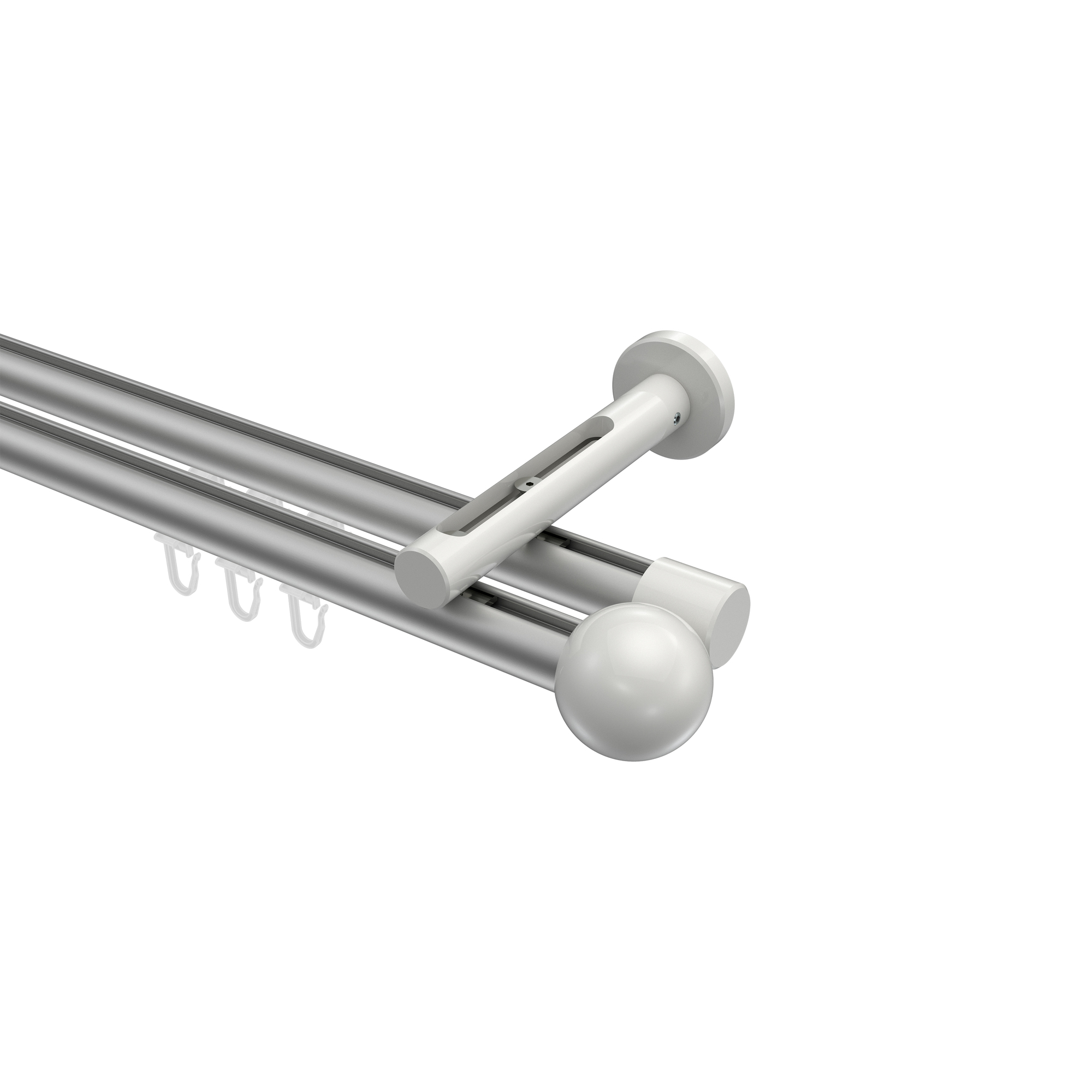 Gardinenstange mit Innenlauf Silbergrau / Weiß, Aluminium / Metall 20 mm Ø Siteno Luino, doppelläufig Gardinenstange mit Innenlauf Silbergrau / Weiß, Aluminium / Metall 20 mm Ø Siteno Luino, doppelläufig