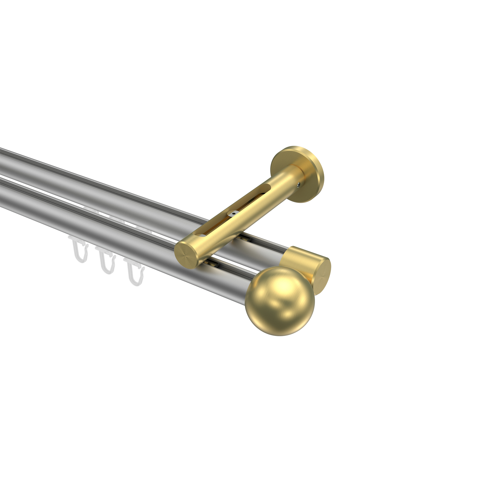 Innenlauf-Vorhangstange Silbergrau / Messing-Optik, Aluminium / Metall 20 mm Ø Siteno Luino, 2-läufig Innenlauf-Vorhangstange Silbergrau / Messing-Optik, Aluminium / Metall 20 mm Ø Siteno Luino, 2-läufig