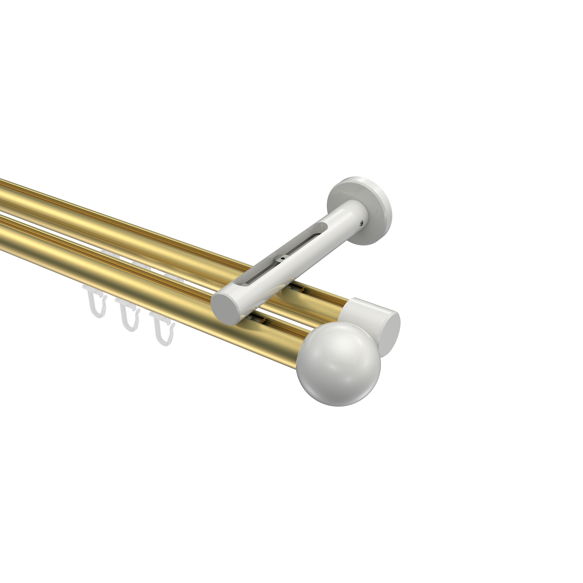 Innenlauf-Vorhangstange Messing-Optik / Weiß, Aluminium / Metall 20 mm Ø Siteno Luino, doppelläufig Innenlauf-Vorhangstange Messing-Optik / Weiß, Aluminium / Metall 20 mm Ø Siteno Luino, doppelläufig