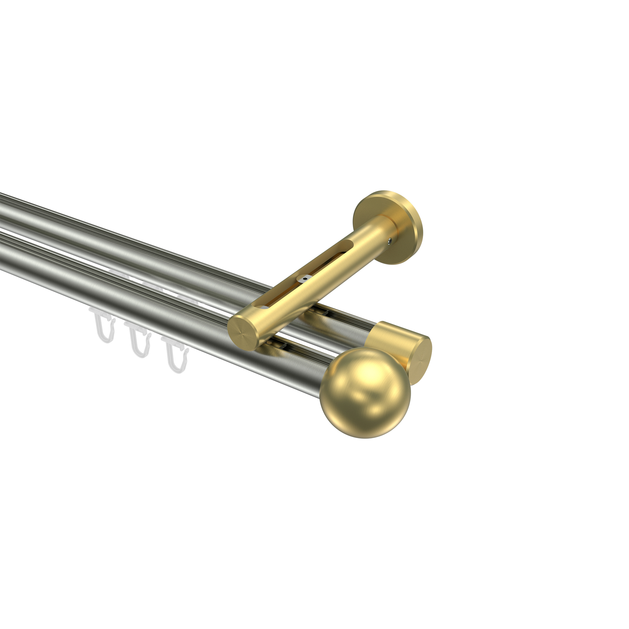 Vorhangstange mit Innenlauf Edelstahl-Optik / Messing-Optik, Aluminium / Metall 20 mm Ø Siteno Luino, doppelläufig Vorhangstange mit Innenlauf Edelstahl-Optik / Messing-Optik, Aluminium / Metall 20 mm Ø Siteno Luino, doppelläufig