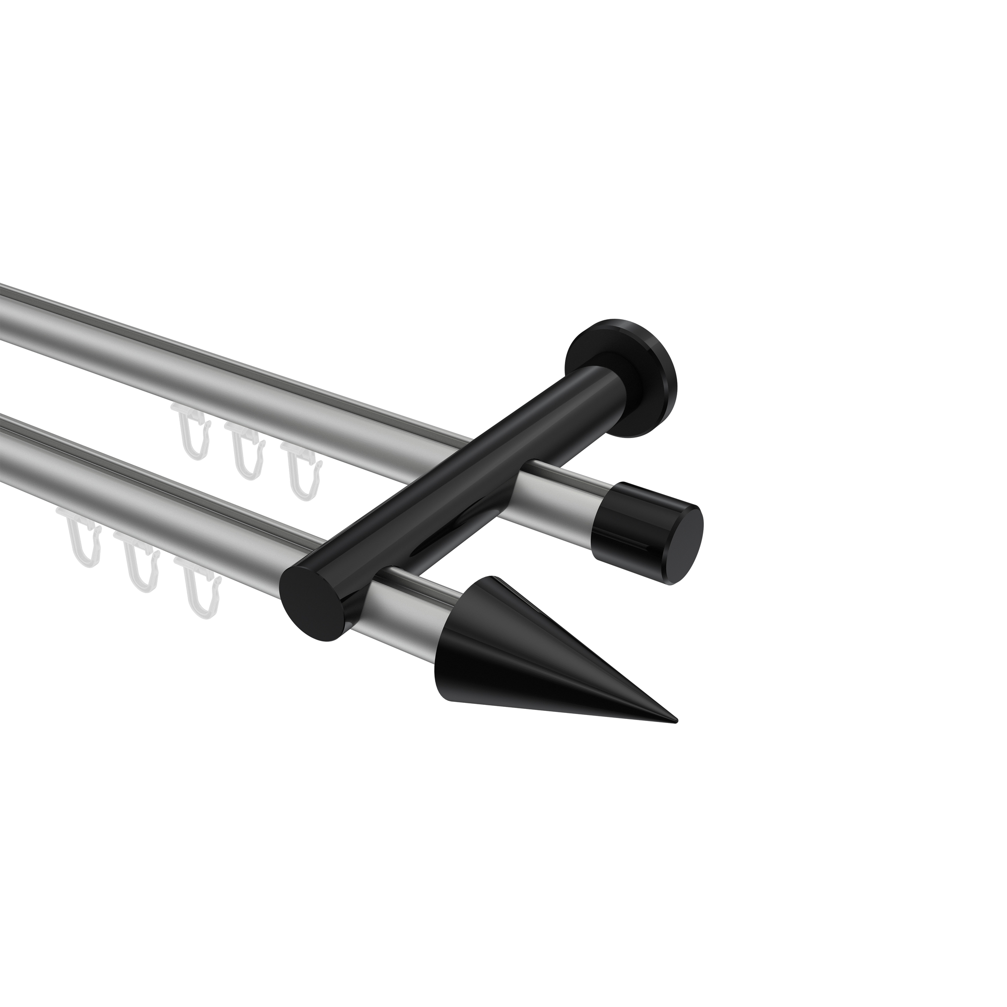 Innenlauf-Gardinenstangen Silbergrau / Schwarz, Metall 20 mm Ø Platon Savio, doppelläufig Innenlauf-Gardinenstangen Silbergrau / Schwarz, Metall 20 mm Ø Platon Savio, doppelläufig