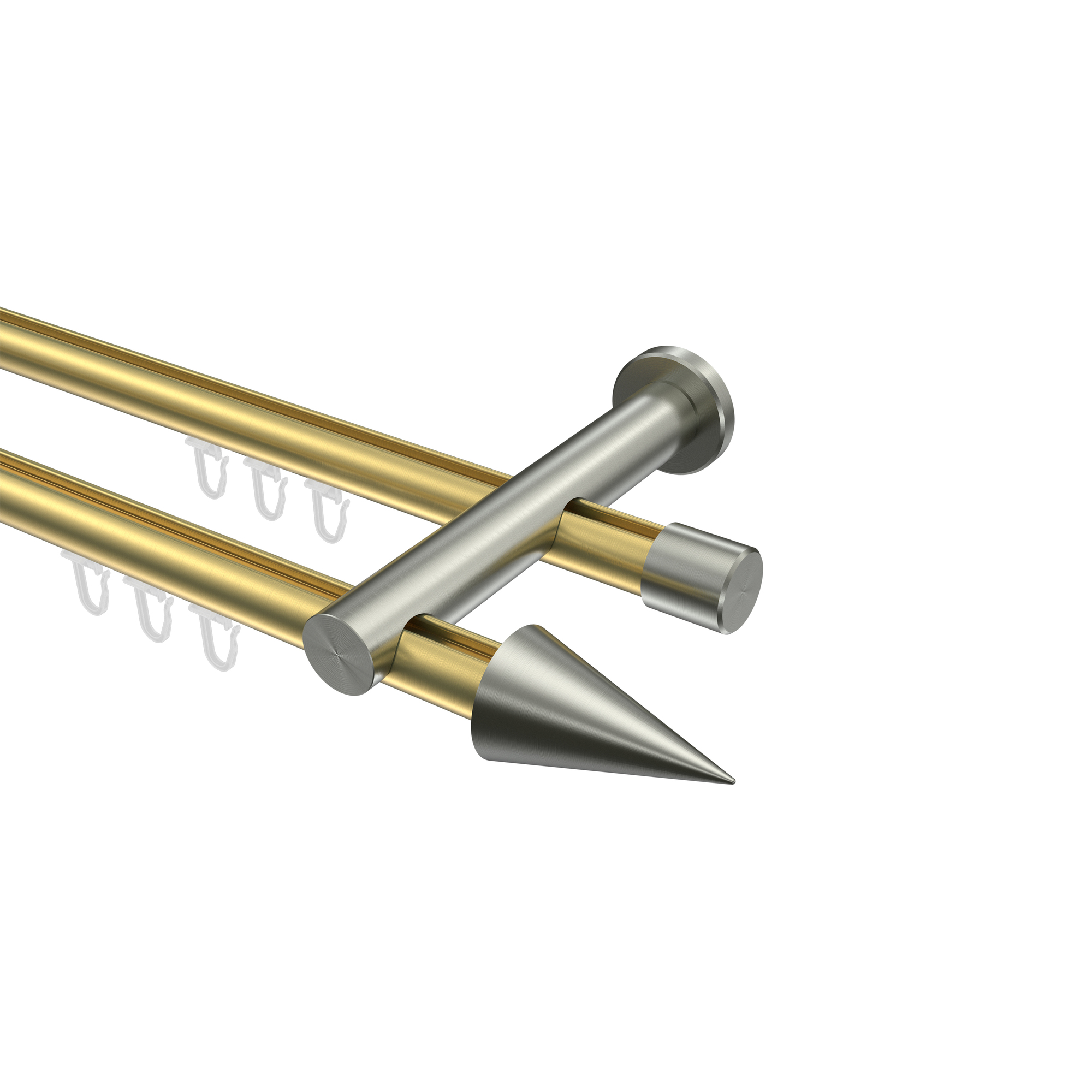 Innenlauf-Gardinenstangen Messing-Optik / Edelstahl-Optik 20 mm Ø Platon Savio, zweiläufig Innenlauf-Gardinenstangen Messing-Optik / Edelstahl-Optik 20 mm Ø Platon Savio, zweiläufig