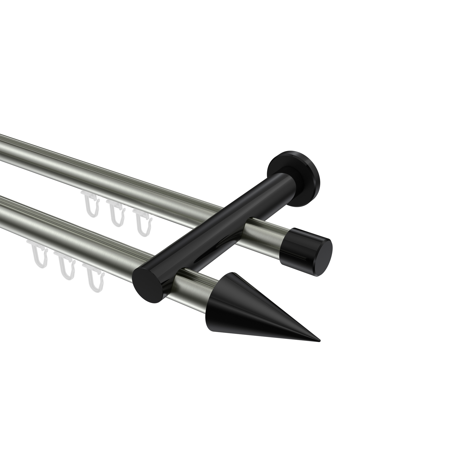 Innenlauf-Vorhangstange Edelstahl-Optik / Schwarz, Metall 20 mm Ø Platon Savio, 2-läufig Innenlauf-Vorhangstange Edelstahl-Optik / Schwarz, Metall 20 mm Ø Platon Savio, 2-läufig