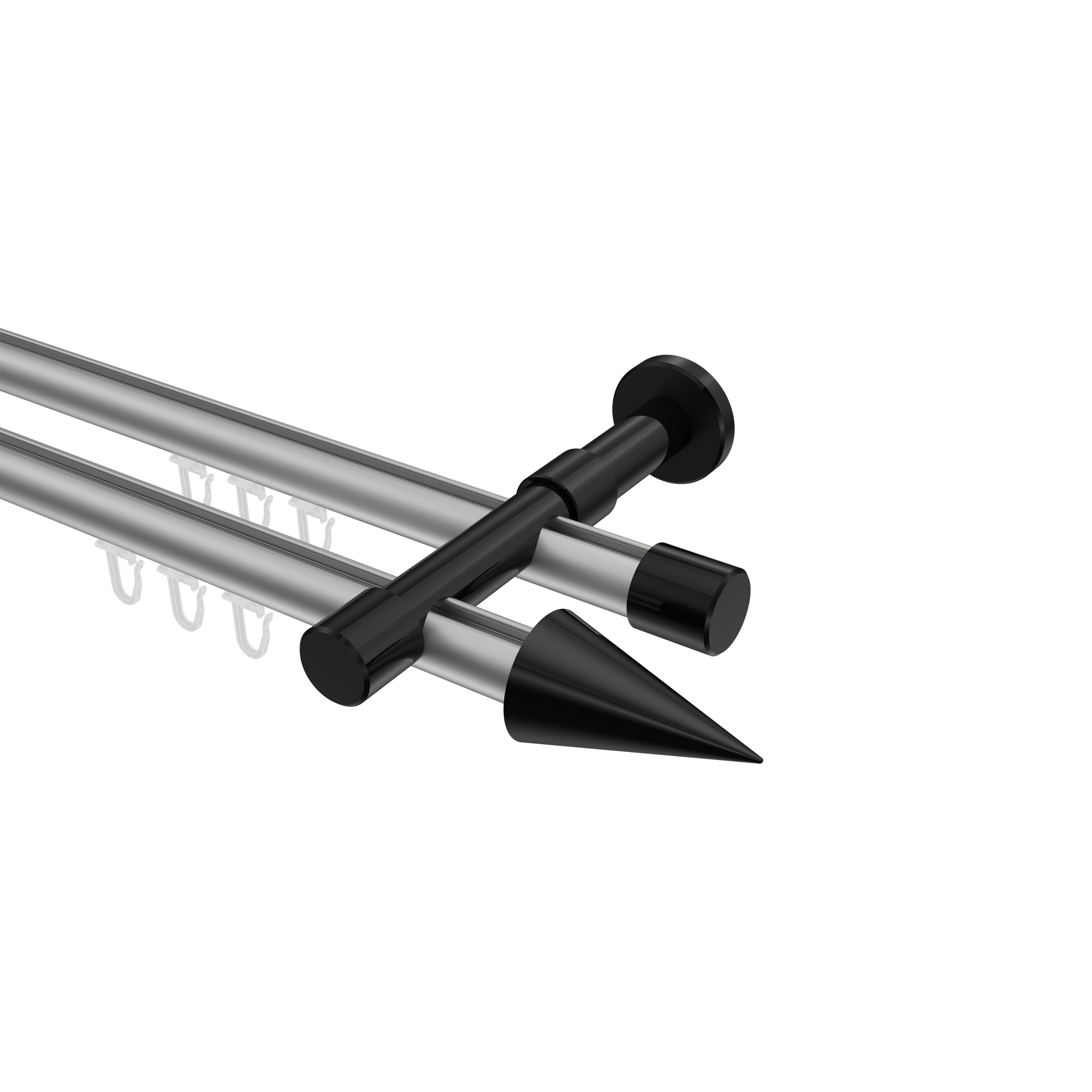 Innenlauf-Gardinenstange Silbergrau / Schwarz, Metall 20 mm Ø Prestige Savio, doppelläufig Innenlauf-Gardinenstange Silbergrau / Schwarz, Metall 20 mm Ø Prestige Savio, doppelläufig
