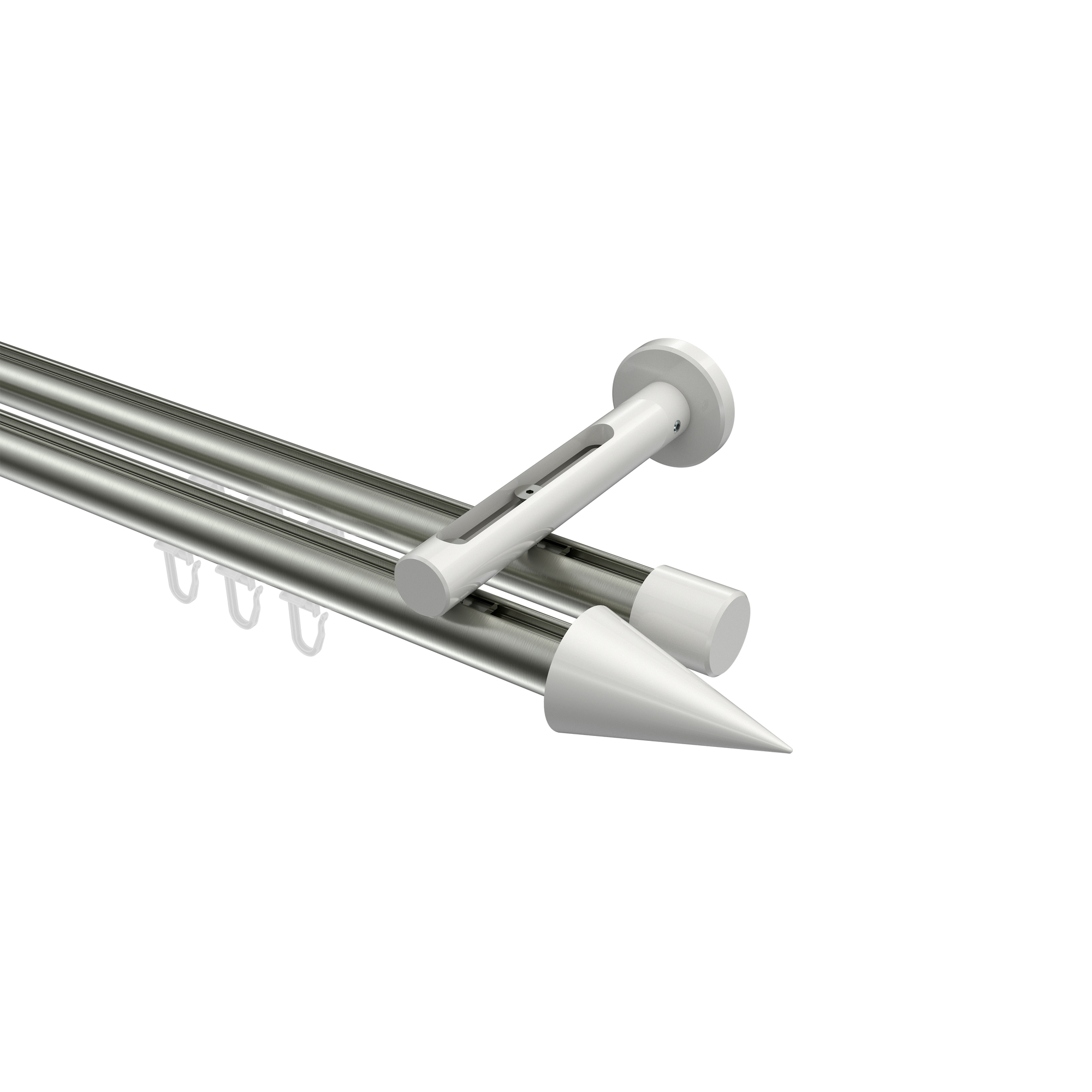 Innenlauf-Vorhangstange Edelstahl-Optik / Weiß, Aluminium / Metall 20 mm Ø Siteno Savio, zweiläufig Innenlauf-Vorhangstange Edelstahl-Optik / Weiß, Aluminium / Metall 20 mm Ø Siteno Savio, zweiläufig