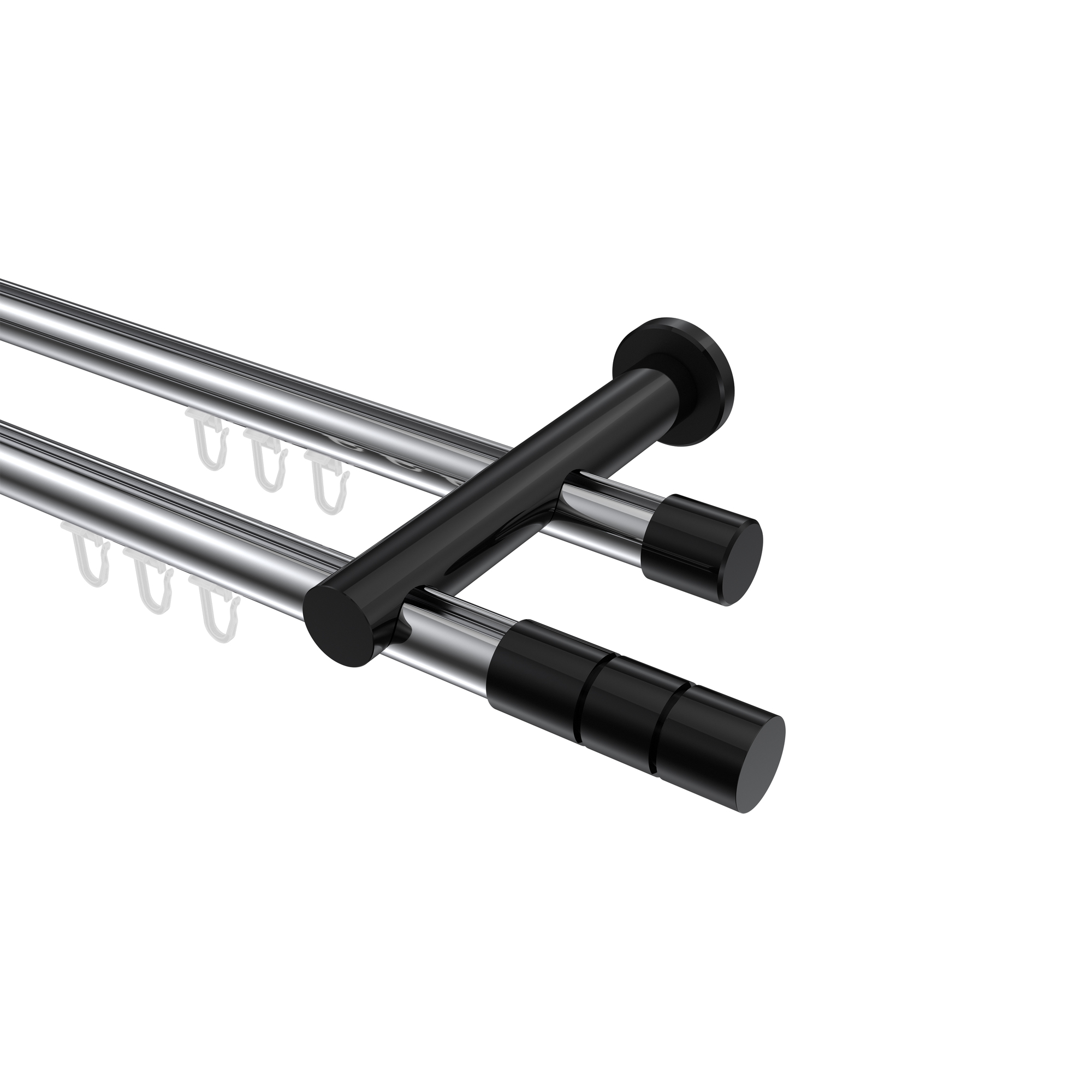 Innenlauf-Gardinenstange Chrom / Schwarz, Metall 20 mm Ø Platon Elanto, 2-läufig Innenlauf-Gardinenstange Chrom / Schwarz, Metall 20 mm Ø Platon Elanto, 2-läufig