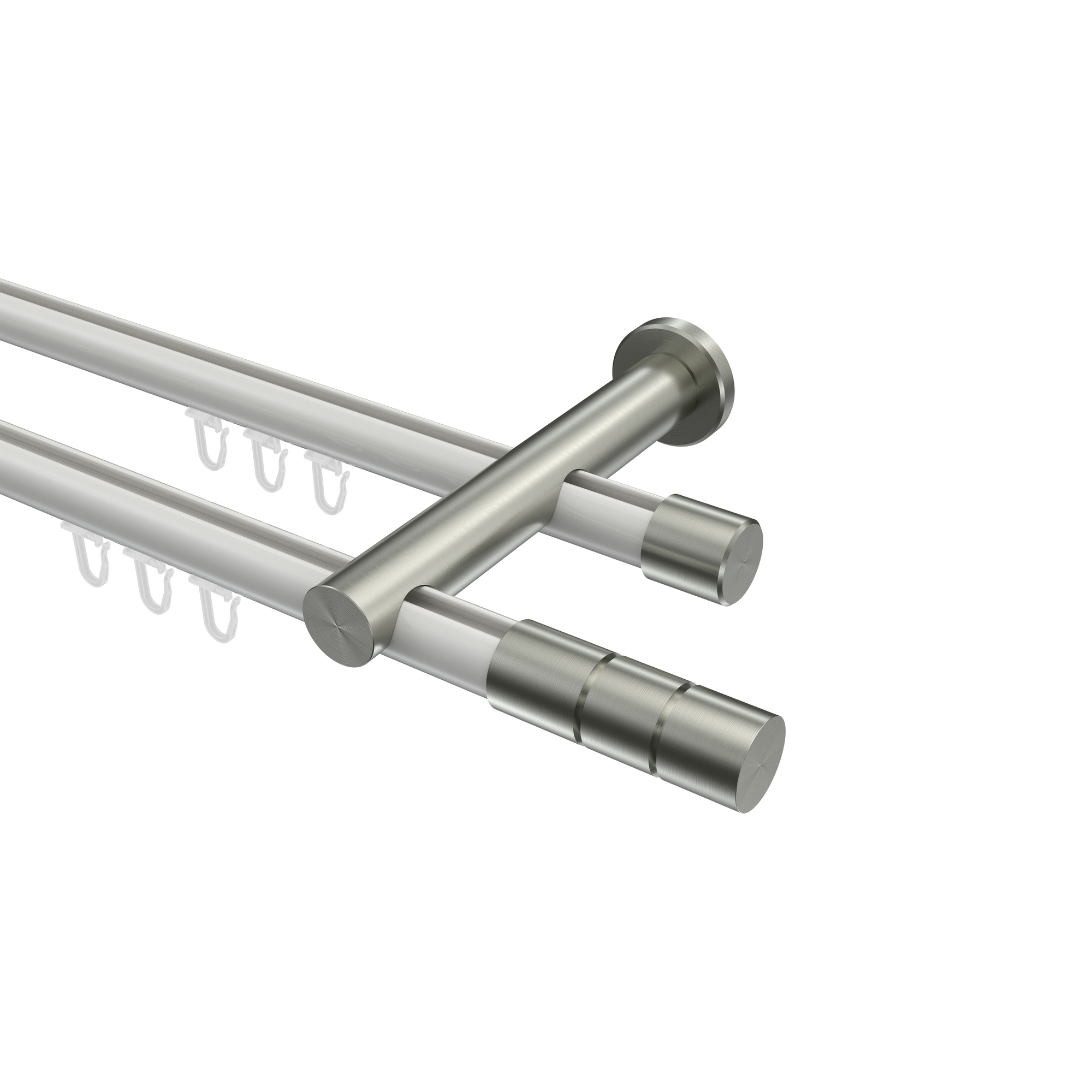 Innenlauf-Gardinenstange Weiß / Edelstahl-Optik, Metall 20 mm Ø Platon Elanto, doppelläufig Innenlauf-Gardinenstange Weiß / Edelstahl-Optik, Metall 20 mm Ø Platon Elanto, doppelläufig