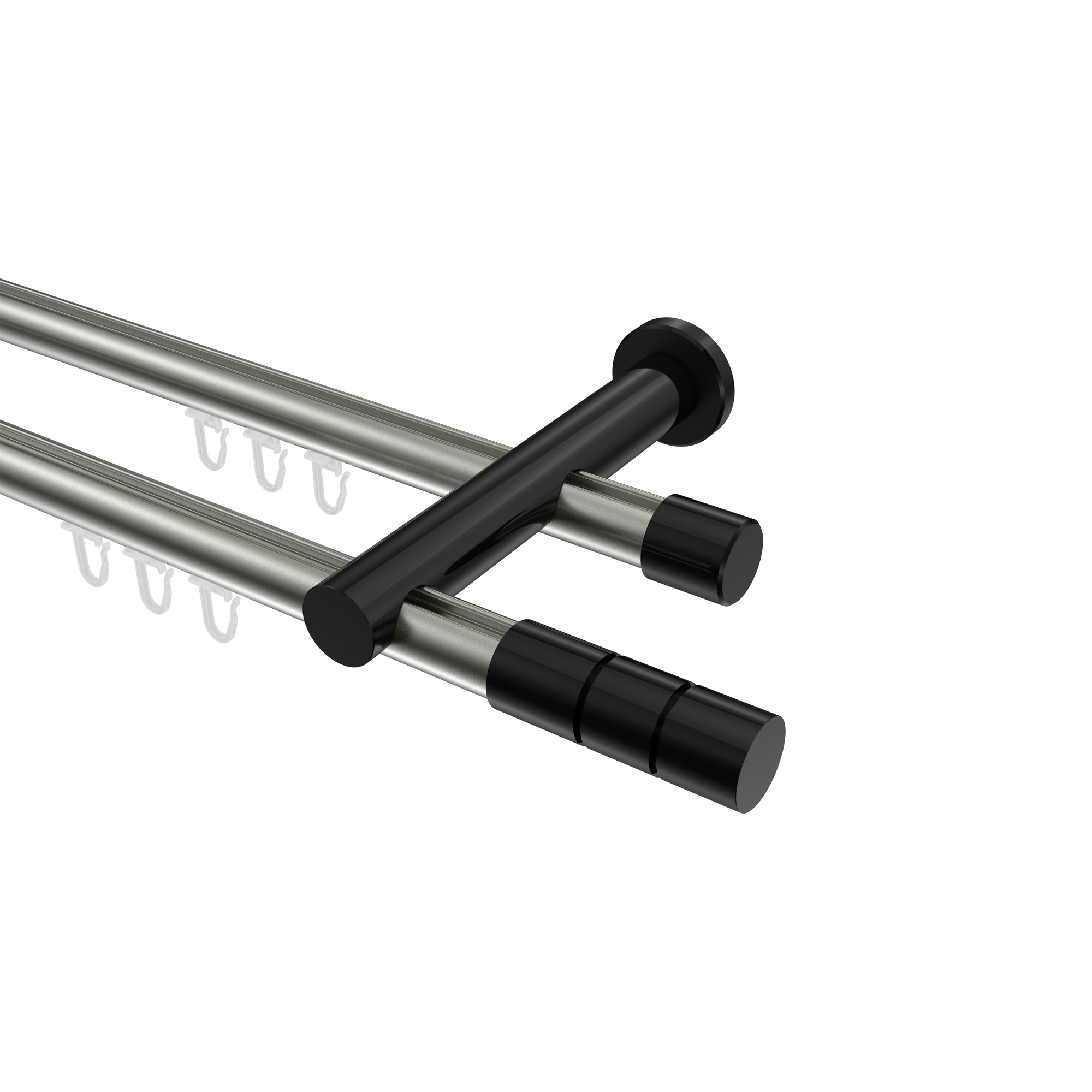 Innenlauf-Gardinenstangen Edelstahl-Optik / Schwarz, Metall 20 mm Ø Platon Elanto, doppelläufig Innenlauf-Gardinenstangen Edelstahl-Optik / Schwarz, Metall 20 mm Ø Platon Elanto, doppelläufig