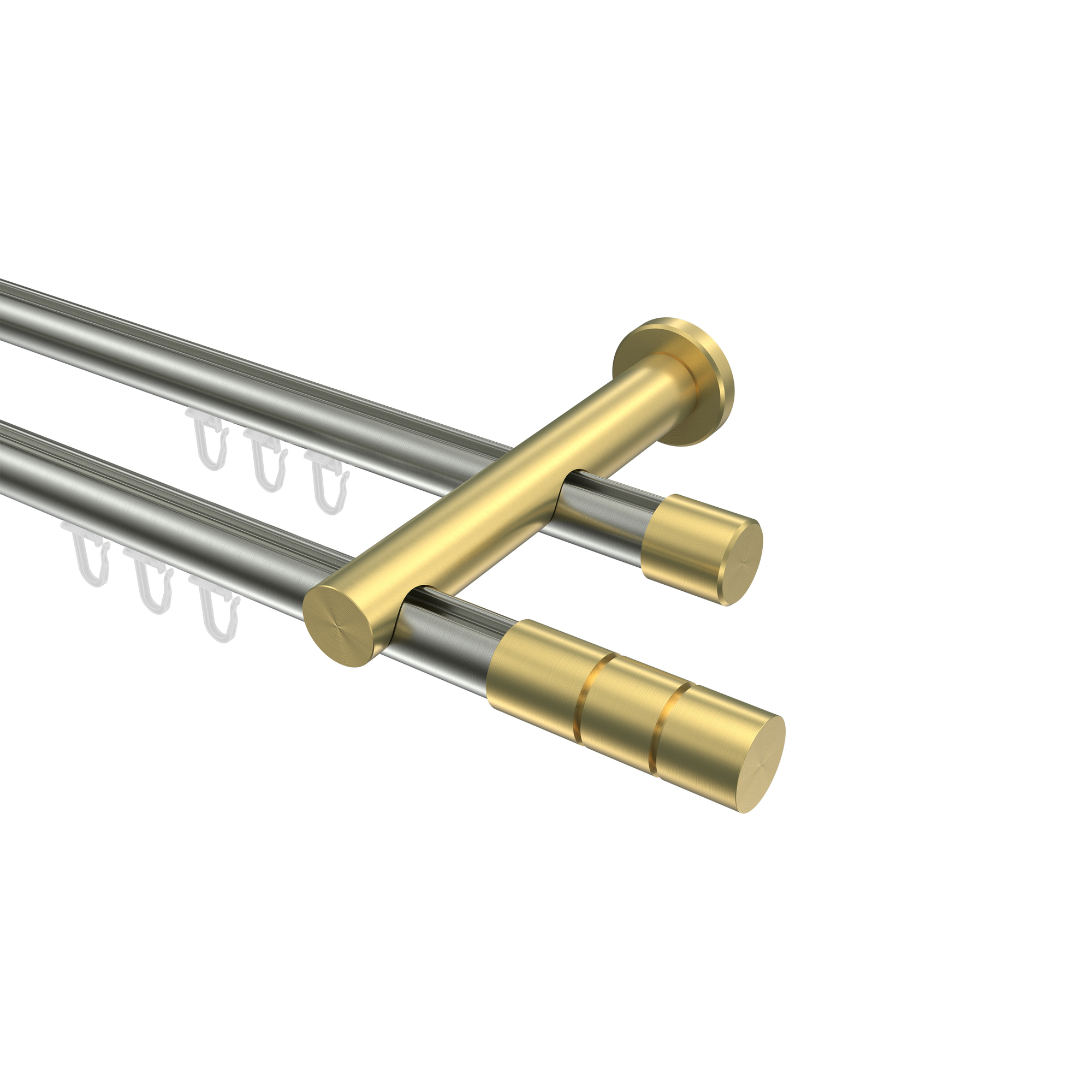 Gardinenstange Innenlauf Edelstahl-Optik / Messing-Optik 20 mm Ø Platon Elanto, doppelläufig Gardinenstange Innenlauf Edelstahl-Optik / Messing-Optik 20 mm Ø Platon Elanto, doppelläufig