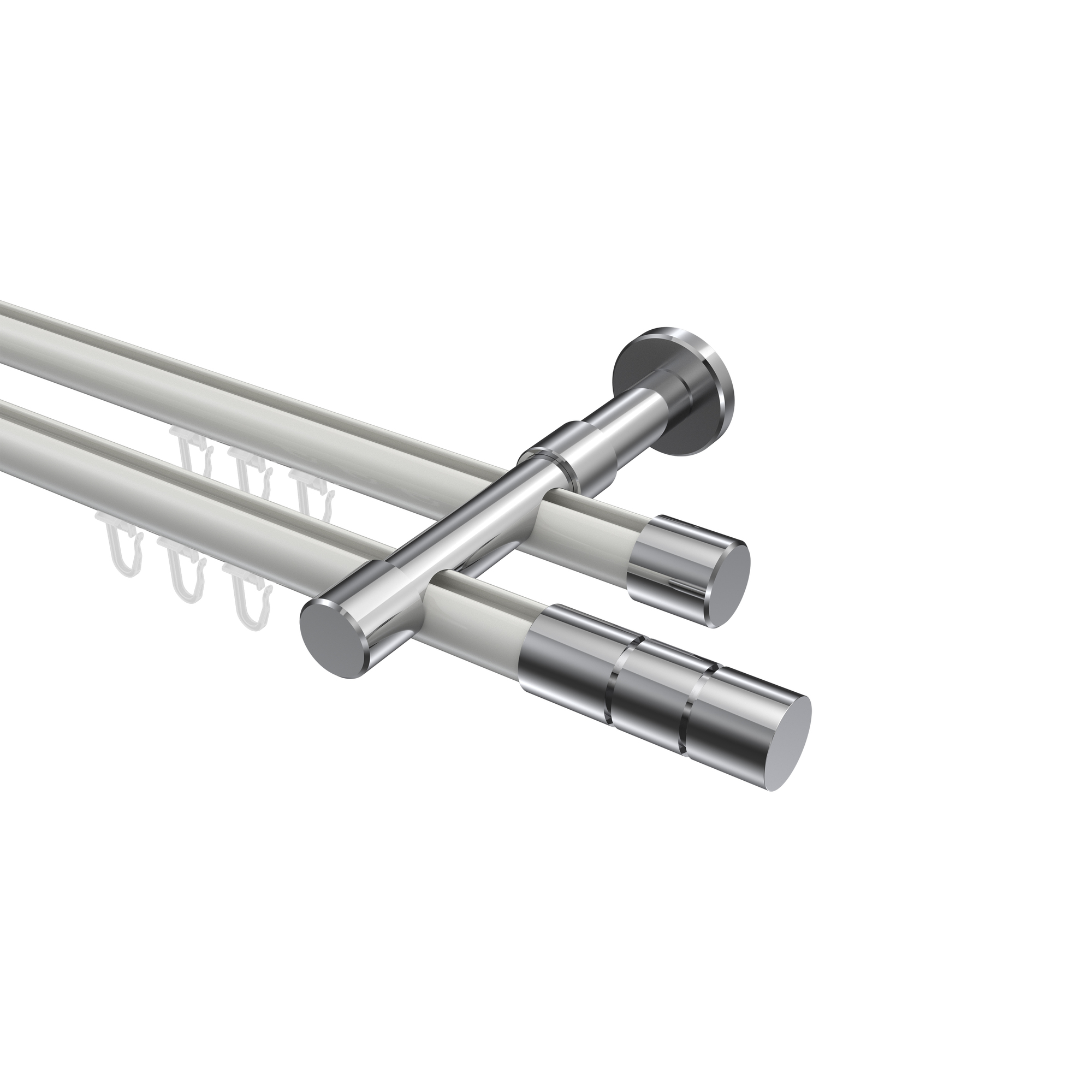 Innenlauf-Vorhangstange Weiß / Chrom, Metall 20 mm Ø Prestige Elanto, zweiläufig Innenlauf-Vorhangstange Weiß / Chrom, Metall 20 mm Ø Prestige Elanto, zweiläufig