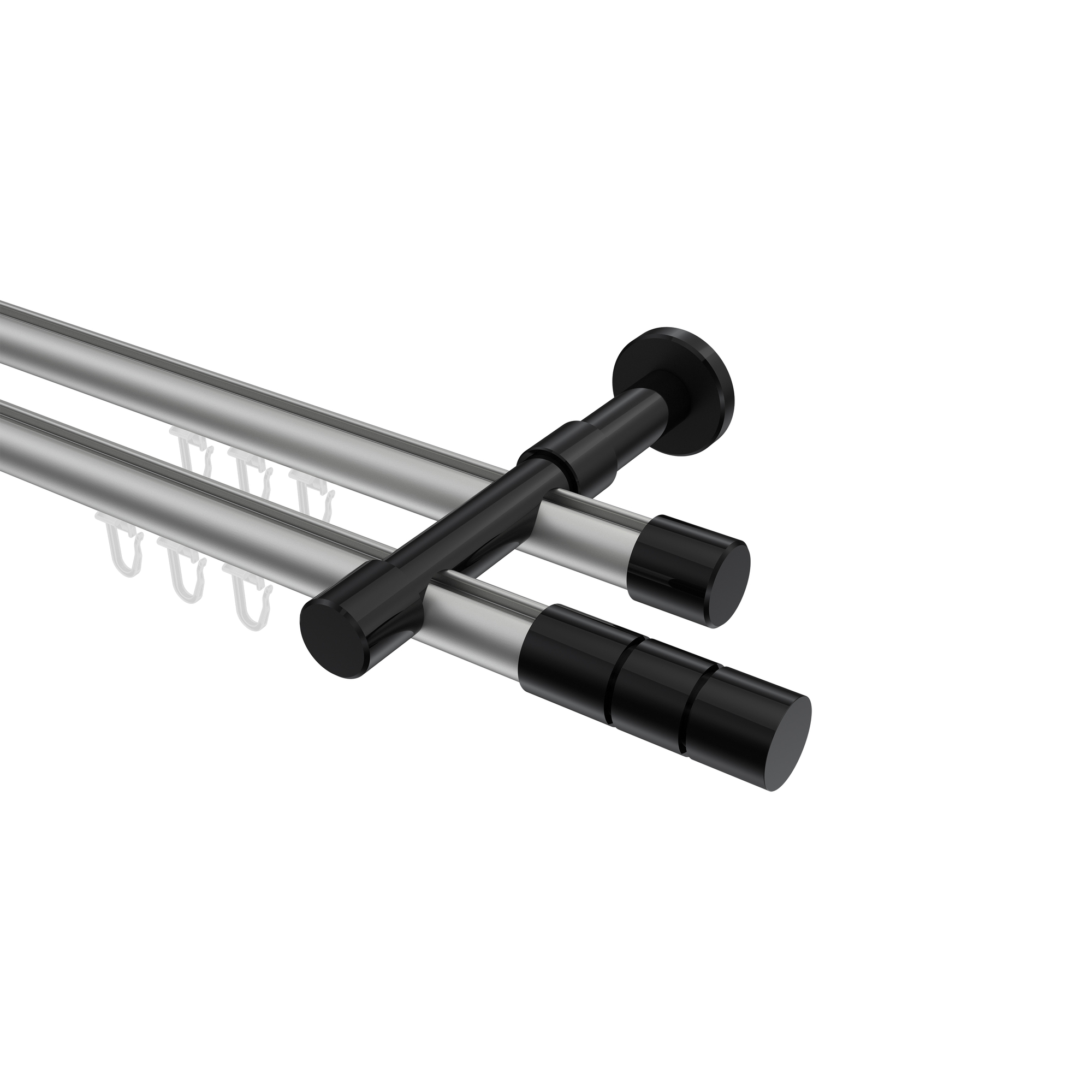 Innenlauf-Vorhangstangen Silbergrau / Schwarz, Metall 20 mm Ø Prestige Elanto, zweiläufig Innenlauf-Vorhangstangen Silbergrau / Schwarz, Metall 20 mm Ø Prestige Elanto, zweiläufig