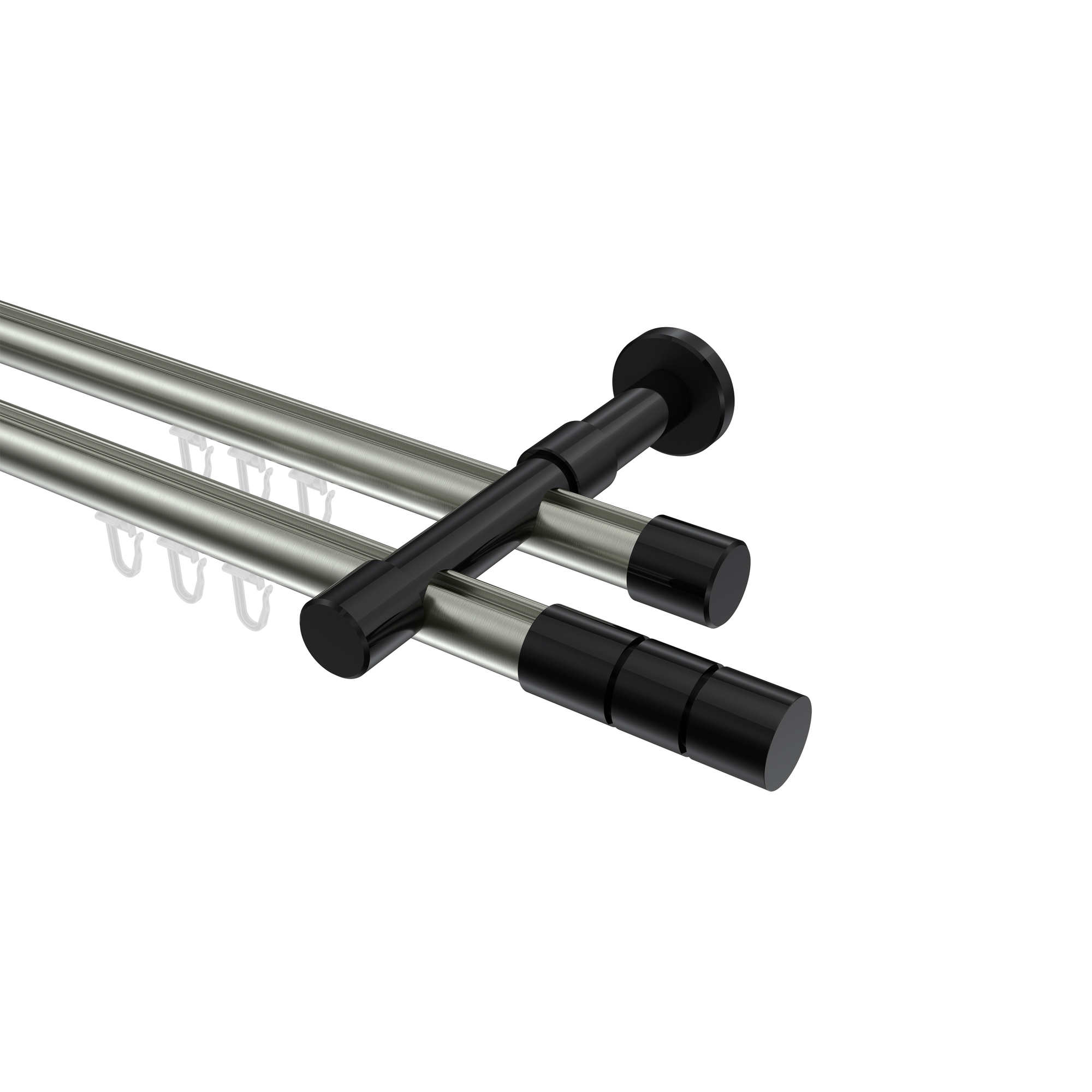 Innenlauf-Gardinenstange Edelstahl-Optik / Schwarz, Metall 20 mm Ø Prestige Elanto, doppelläufig Innenlauf-Gardinenstange Edelstahl-Optik / Schwarz, Metall 20 mm Ø Prestige Elanto, doppelläufig