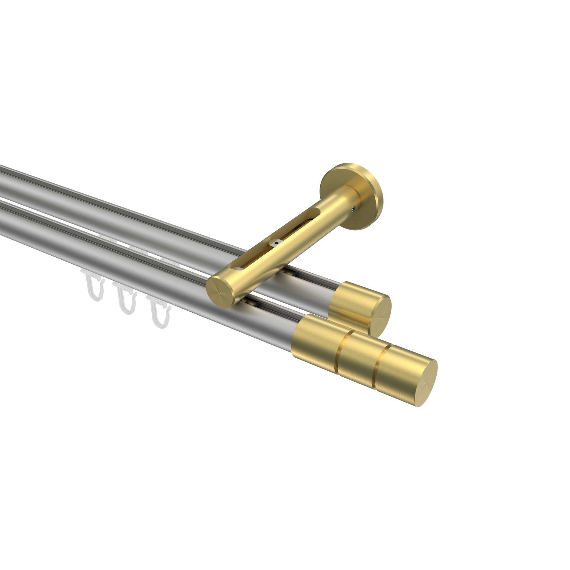 Innenlauf-Vorhangstange Silbergrau / Messing-Optik, Aluminium / Metall 20 mm Ø Siteno Elanto, 2-läufig Innenlauf-Vorhangstange Silbergrau / Messing-Optik, Aluminium / Metall 20 mm Ø Siteno Elanto, 2-läufig