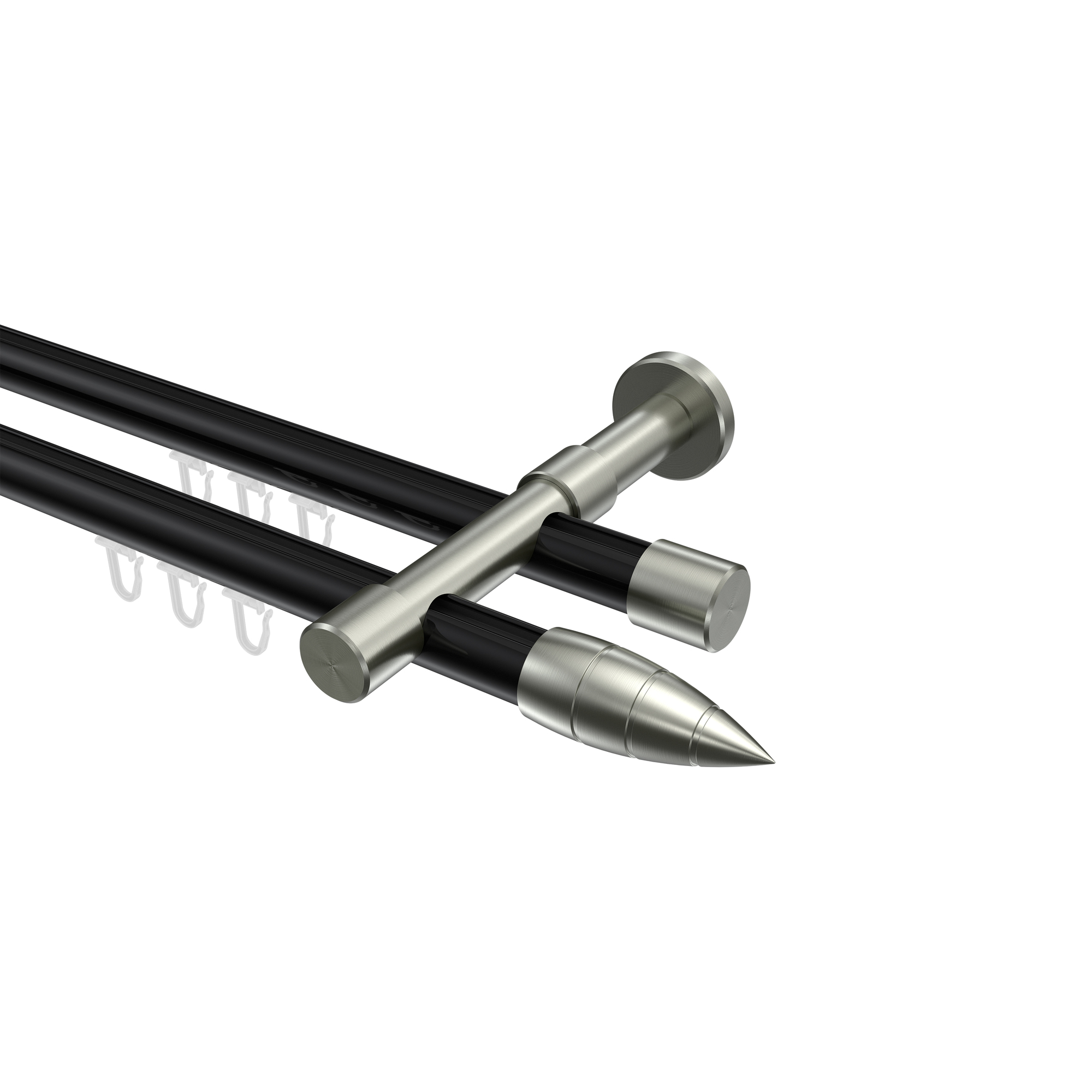Innenlauf-Vorhangstangen Schwarz / Edelstahl-Optik, Metall 20 mm Ø Prestige Samanto, doppelläufig Innenlauf-Vorhangstangen Schwarz / Edelstahl-Optik, Metall 20 mm Ø Prestige Samanto, doppelläufig