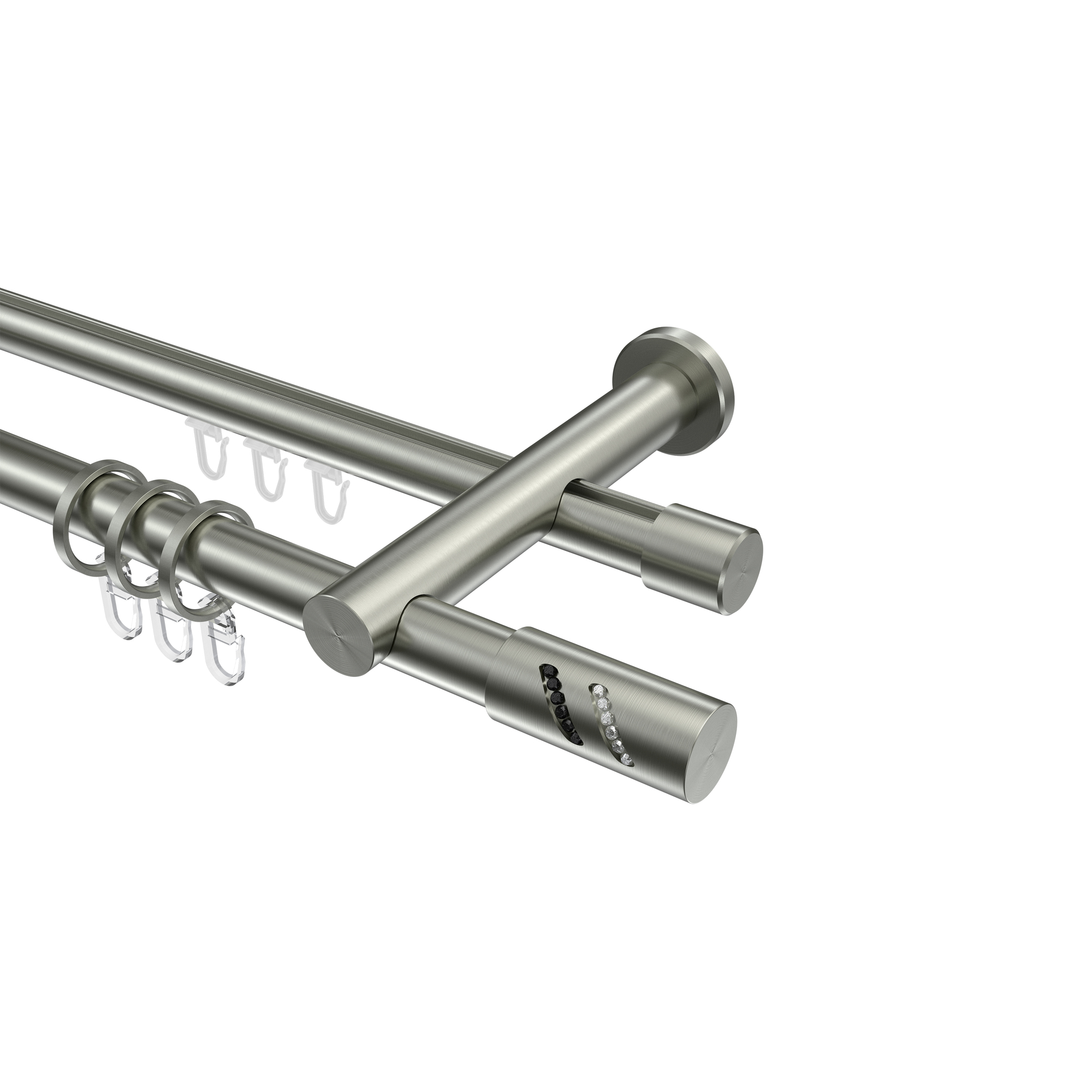 Innenlaufstangen mit Rundrohr-Kombination Edelstahl-Optik 20 mm Ø Platon Zoena, doppelläufig Innenlaufstangen mit Rundrohr-Kombination Edelstahl-Optik 20 mm Ø Platon Zoena, doppelläufig