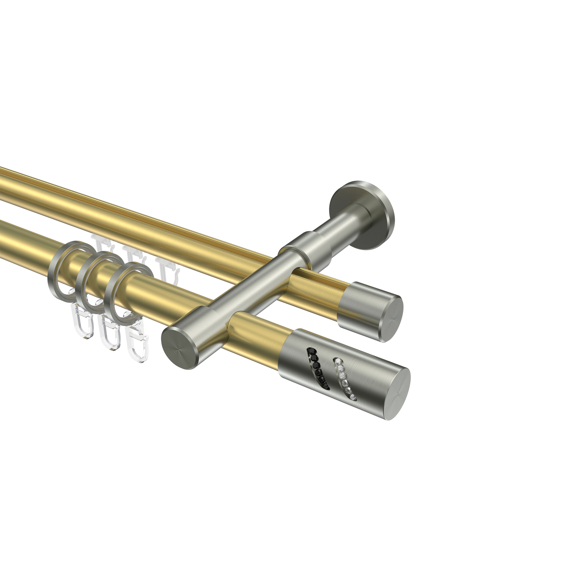 Gardinenstange mit Rundrohr / Innenlauf Messing-Optik / Edelstahl-Optik 20 mm Ø Prestige Zoena, zweiläufig Gardinenstange mit Rundrohr / Innenlauf Messing-Optik / Edelstahl-Optik 20 mm Ø Prestige Zoena, zweiläufig