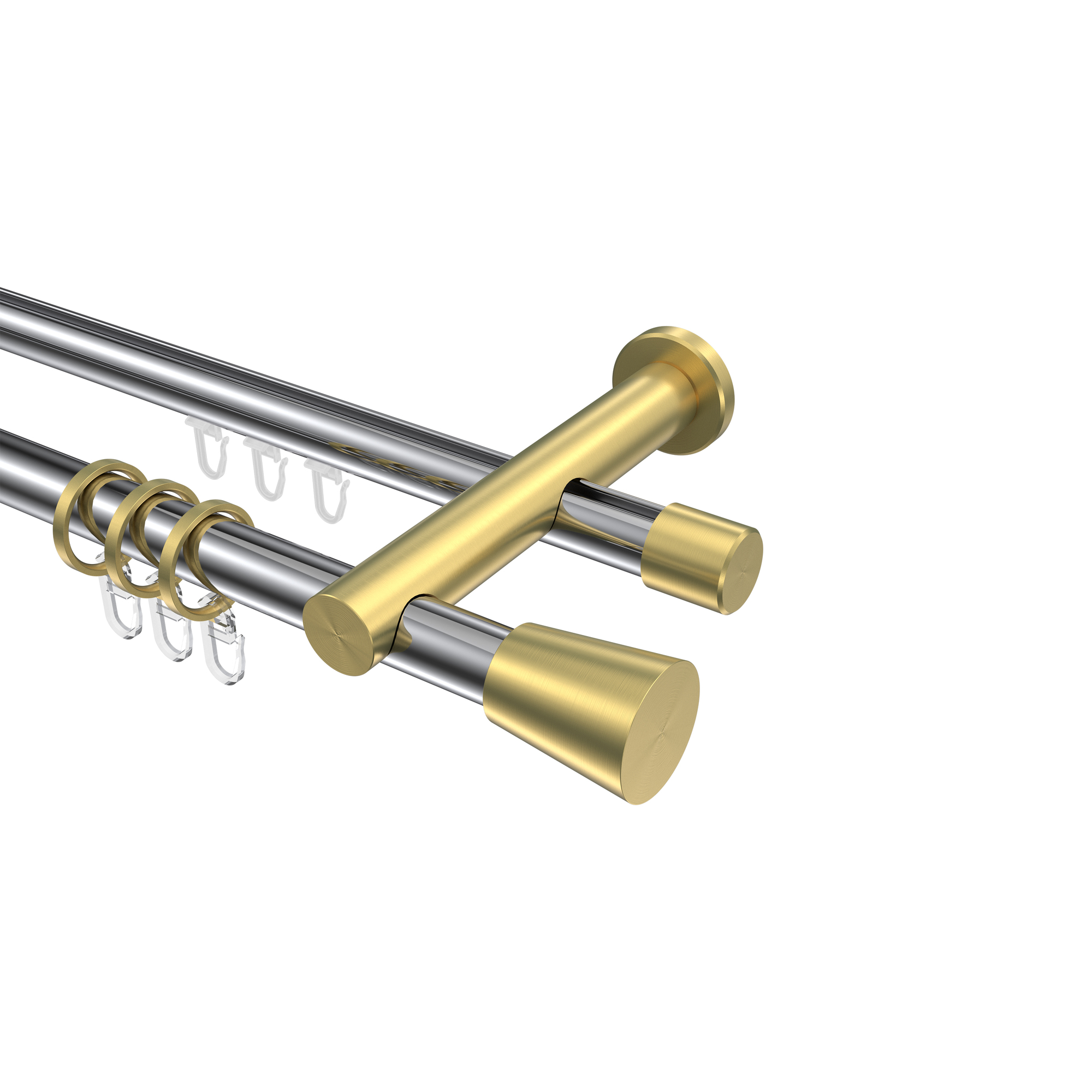 Vorhangstange mit Rohr / Innenlauf Chrom / Messing-Optik, 2-läufig Aluminium / Metall 20 mm Ø Platon Sitra Vorhangstange mit Rohr / Innenlauf Chrom / Messing-Optik, 2-läufig Aluminium / Metall 20 mm Ø Platon Sitra