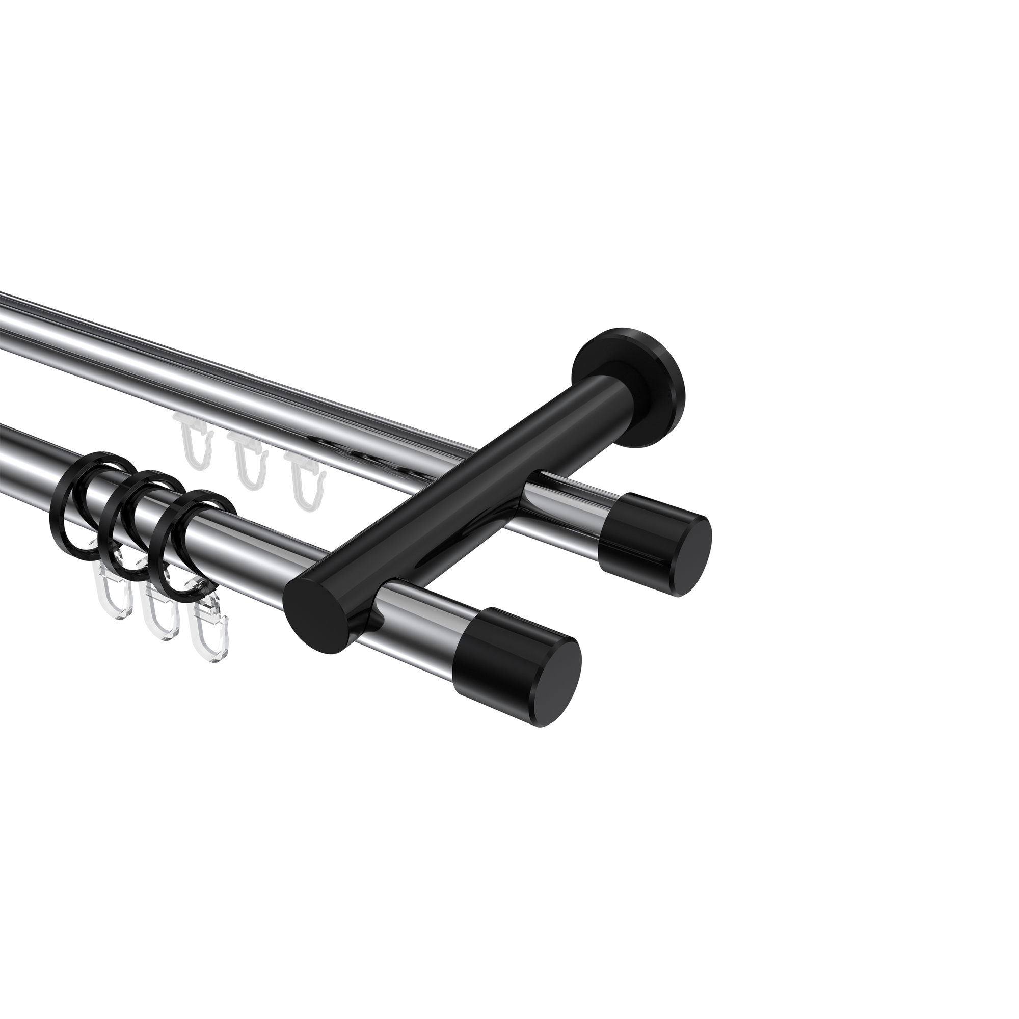 Rundrohr-Innenlauf-Gardinenstangen Chrom / Schwarz, Aluminium / Metall 20 mm Ø Platon Santo, zweiläufig Rundrohr-Innenlauf-Gardinenstangen Chrom / Schwarz, Aluminium / Metall 20 mm Ø Platon Santo, zweiläufig