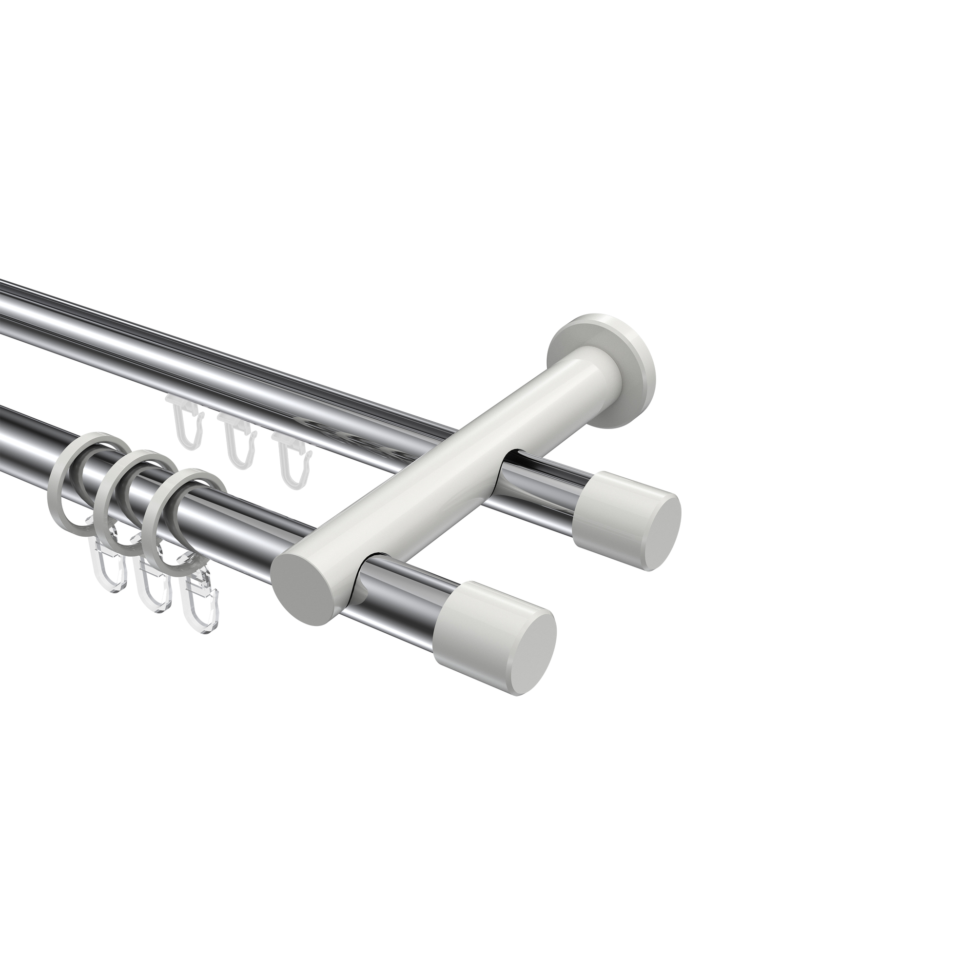 Rundrohr-Innenlauf-Gardinenstangen Chrom / Weiß, Aluminium / Metall 20 mm Ø Platon Santo, 2-läufig Rundrohr-Innenlauf-Gardinenstangen Chrom / Weiß, Aluminium / Metall 20 mm Ø Platon Santo, 2-läufig