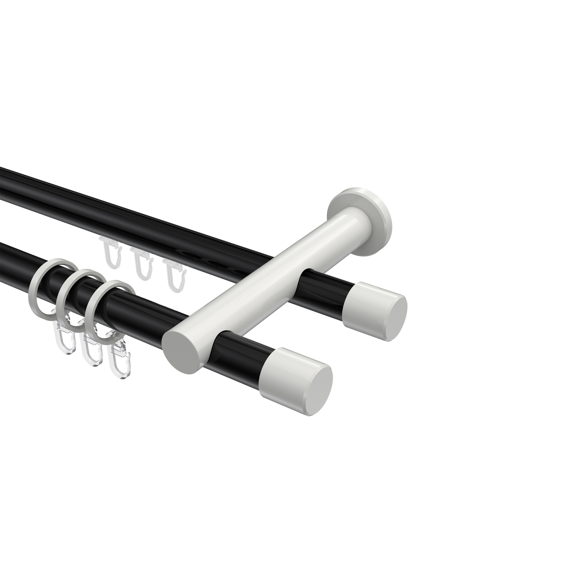 Rundrohr-Innenlauf-Vorhangstange Schwarz / Weiß, Aluminium / Metall 20 mm Ø Platon Santo, doppelläufig Rundrohr-Innenlauf-Vorhangstange Schwarz / Weiß, Aluminium / Metall 20 mm Ø Platon Santo, doppelläufig