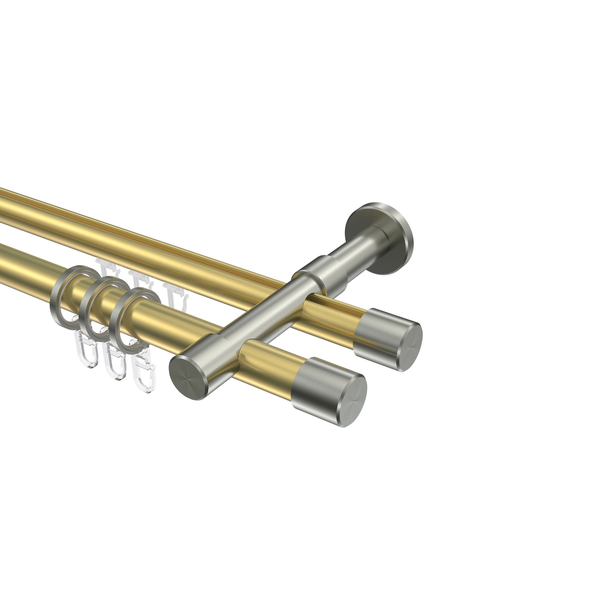 Gardinenstange mit Innenlauf-Rundrohr Messing-Optik / Edelstahl-Optik 20 mm Ø Prestige Santo, doppelläufig Gardinenstange mit Innenlauf-Rundrohr Messing-Optik / Edelstahl-Optik 20 mm Ø Prestige Santo, doppelläufig