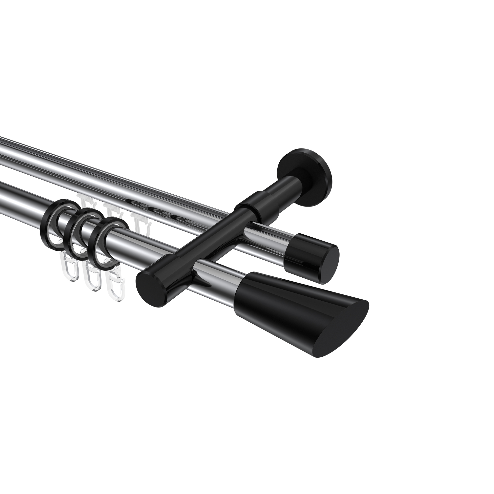 Rundrohr-Innenlauf-Vorhangstange Chrom / Schwarz, Aluminium / Metall 20 mm Ø Prestige Bento, doppelläufig Rundrohr-Innenlauf-Vorhangstange Chrom / Schwarz, Aluminium / Metall 20 mm Ø Prestige Bento, doppelläufig